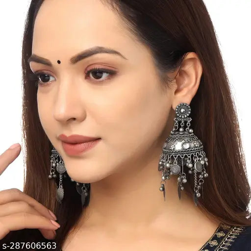 Tehzeeb Creations Women's Black Colour Oxidised Earrings In Jhumki Style