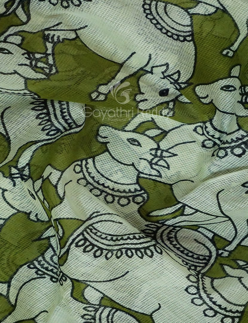 Shades of Mehndi Green And Black With Pichwai Print Munga Cotton Saree By Gayathri Reddy Designer Studio