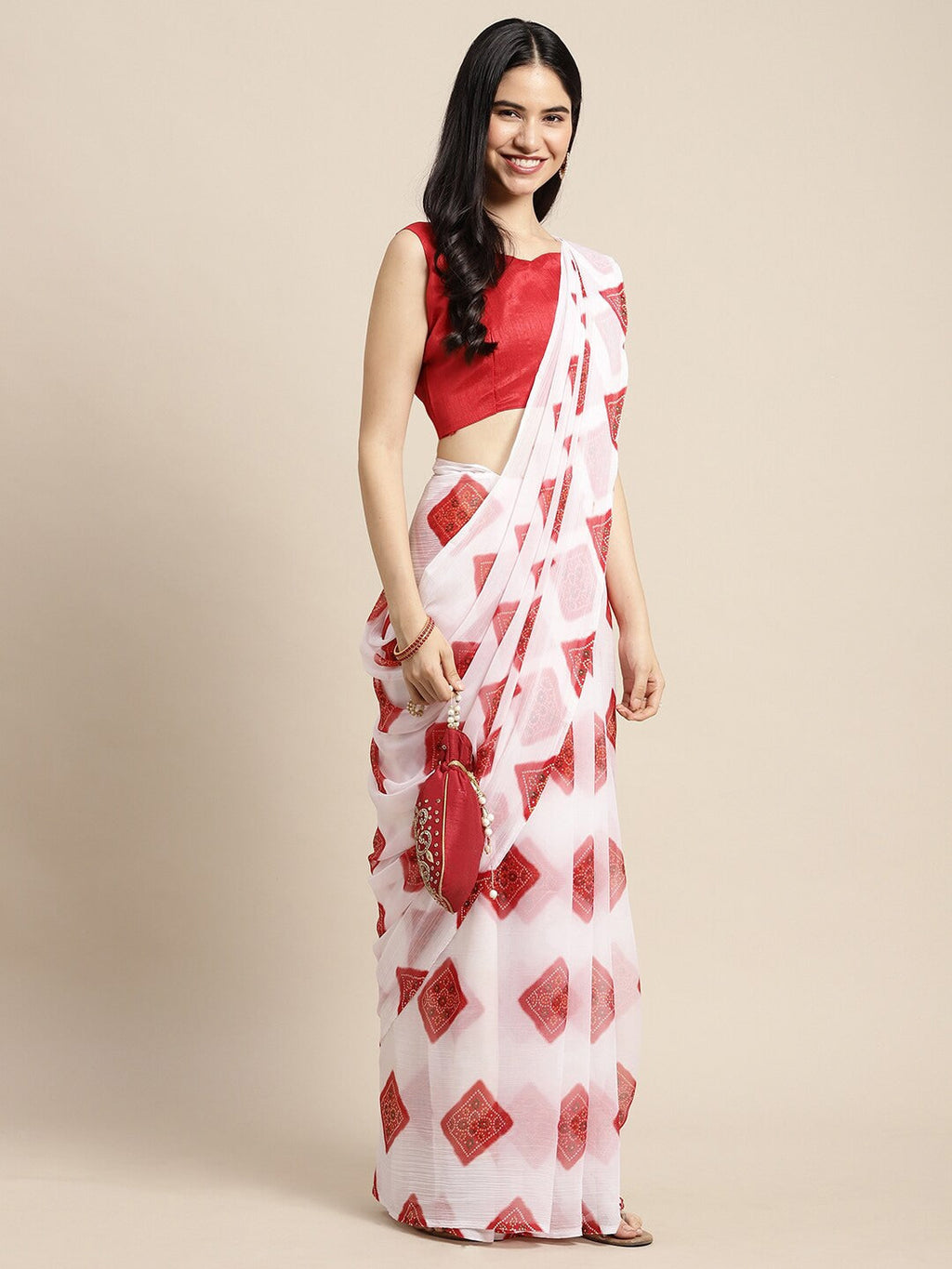 Saree Mall Women White & Red Printed Poly Chiffon Bandhani Saree With Matching Blouse