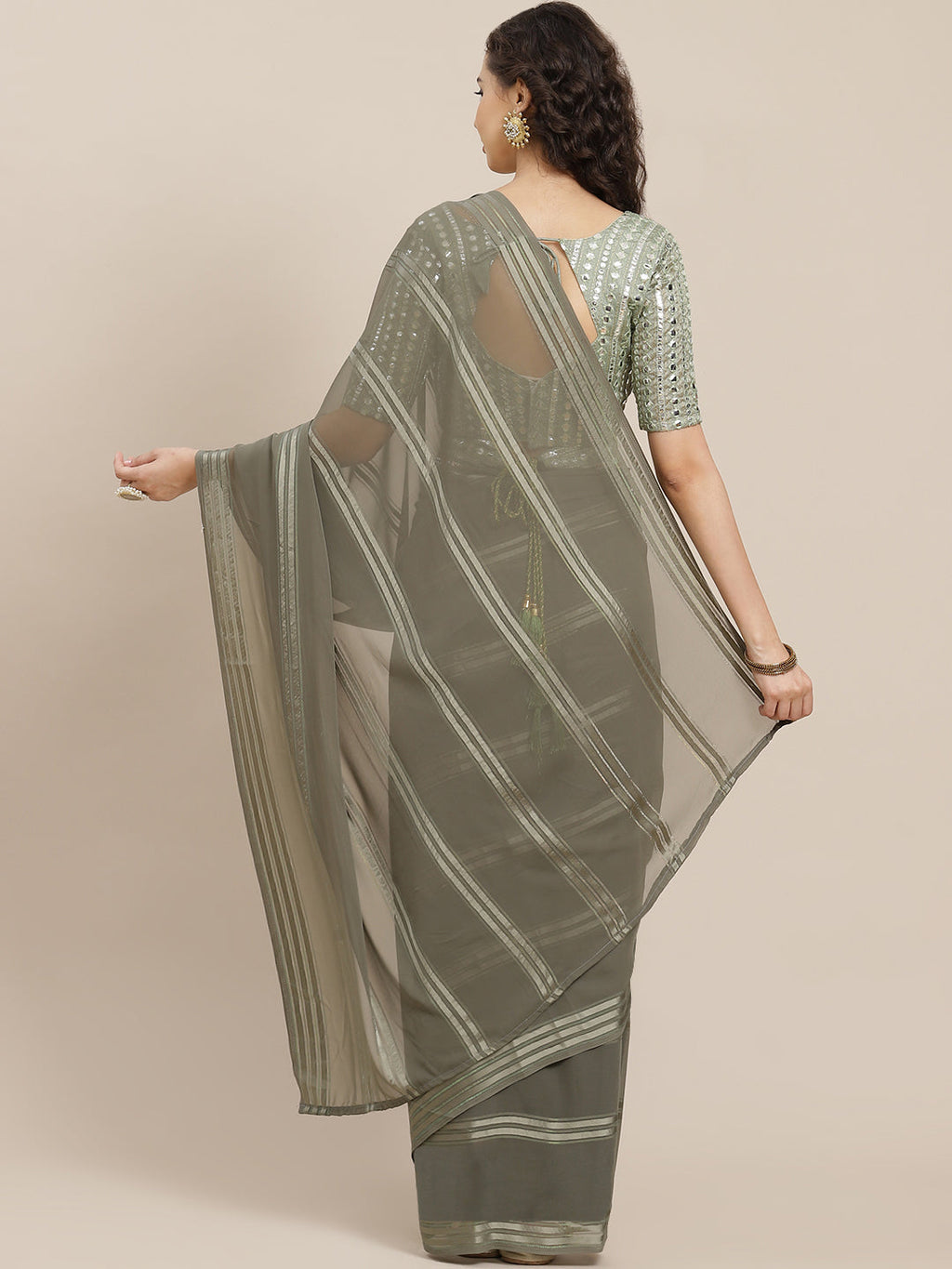 Saree Mall Taupe Striped Leheriya Saree With Belt