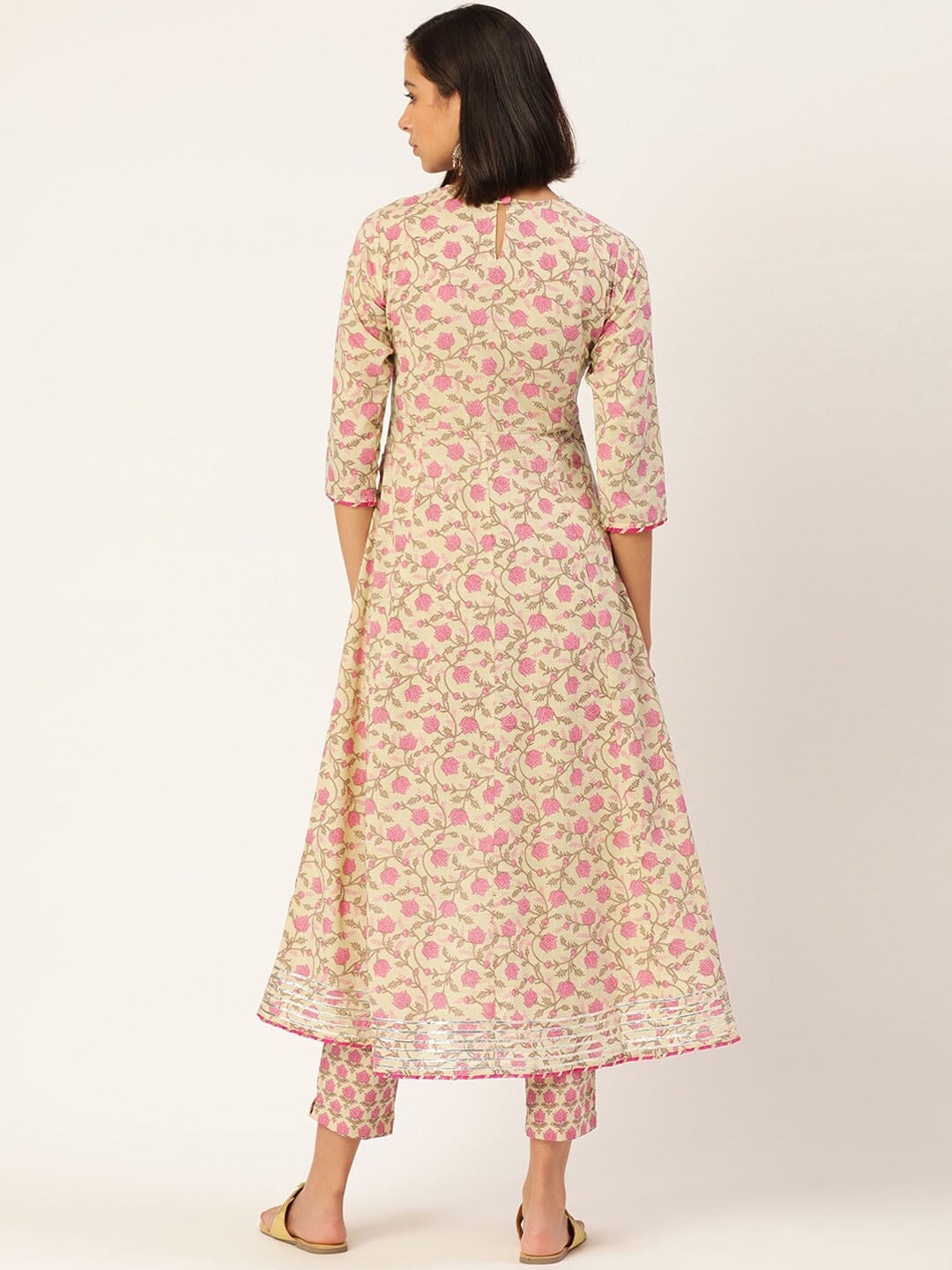 HERE&NOW Women Pink Floral Printed Angrakha Pure Cotton Kurta with Trousers & With Dupatta