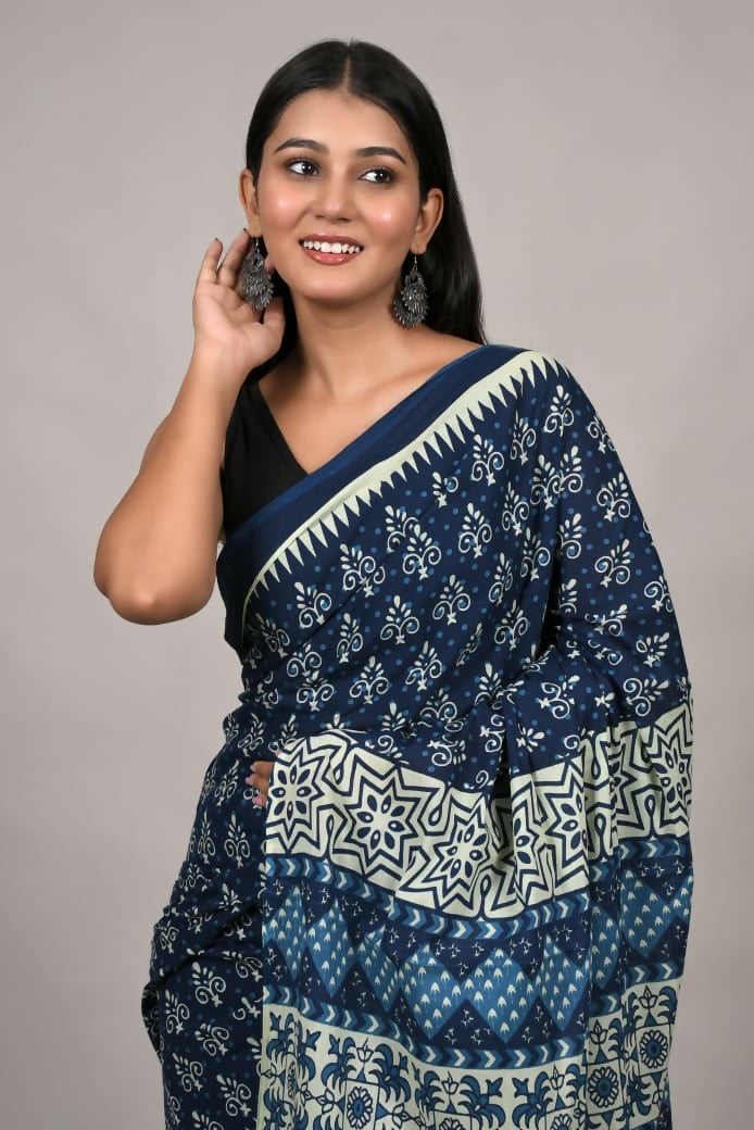 Exclusive Collection Blue Multi Beautiful Mulmul Cotton Saree