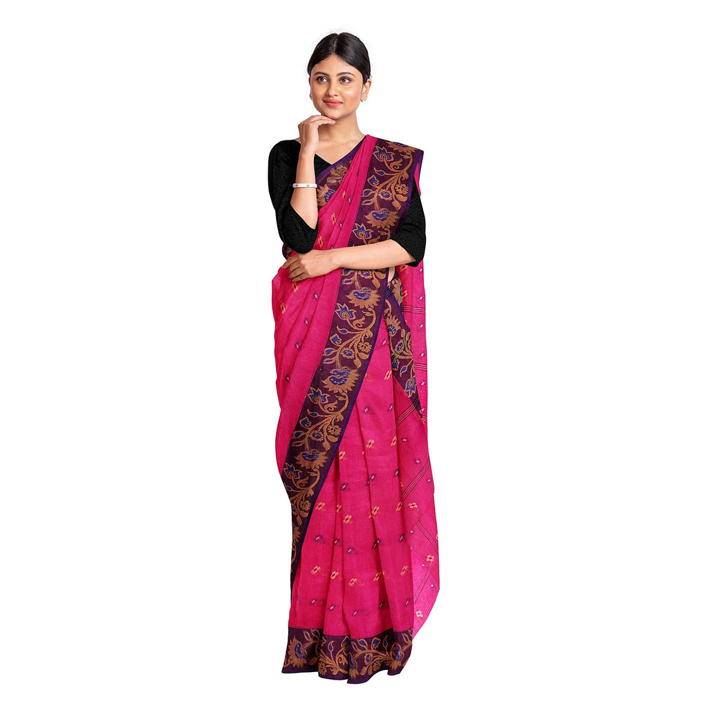 Exclusive Collection 100% Pure Cotton Pink Tant Saree With Hand Weaving Work