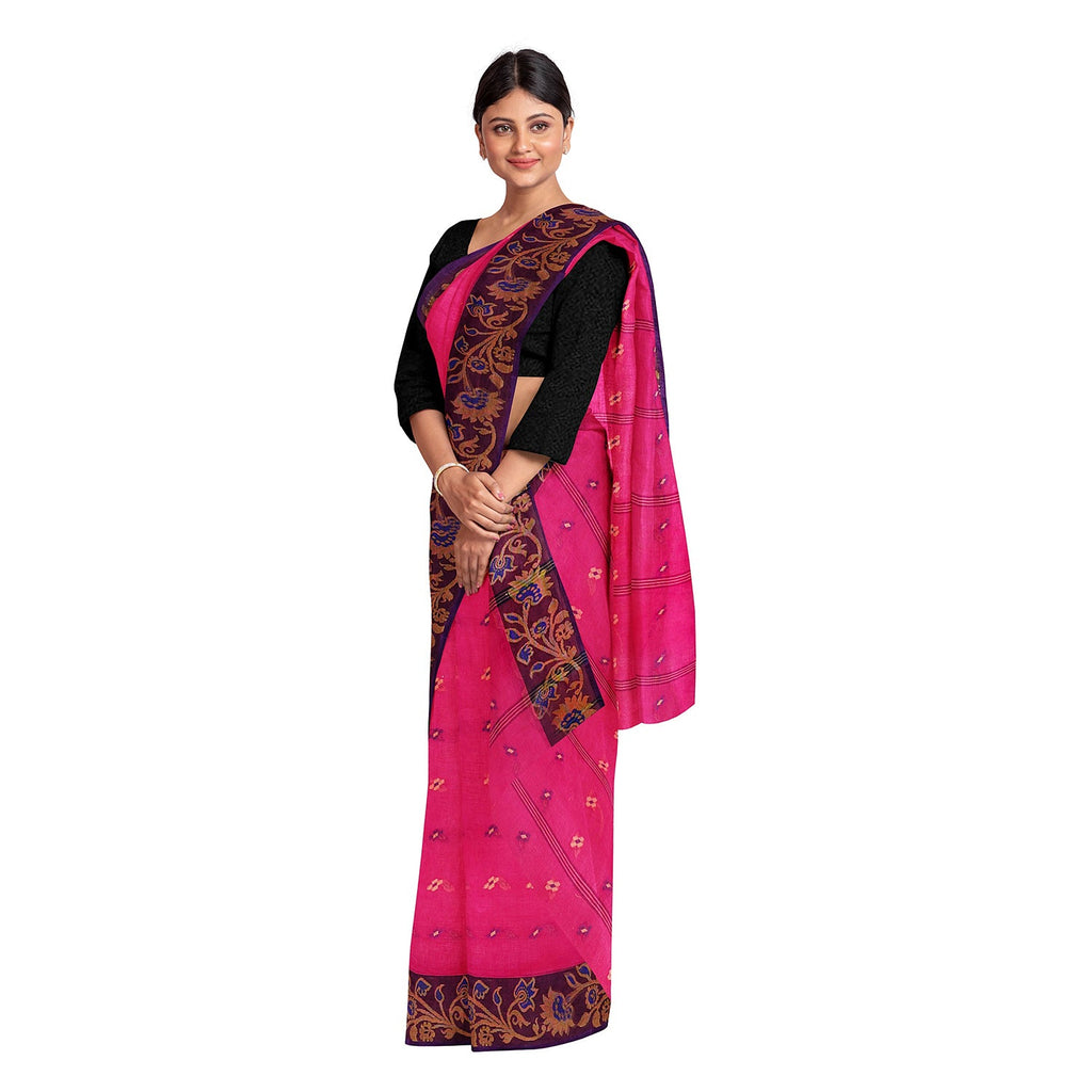 Exclusive Collection 100% Pure Cotton Pink Tant Saree With Hand Weaving Work