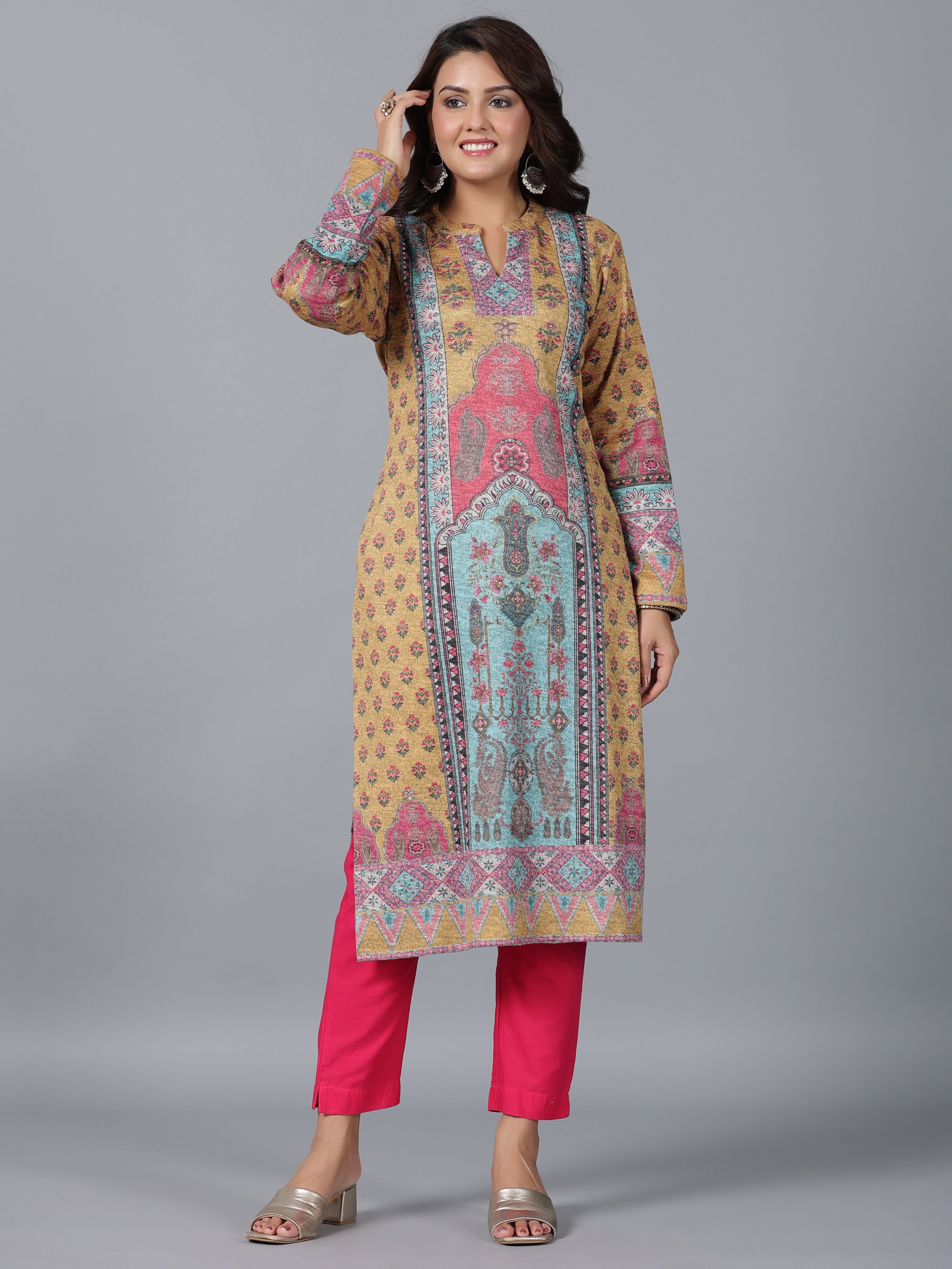 Juniper Women Mustard Printed Woolen Straight Kurta