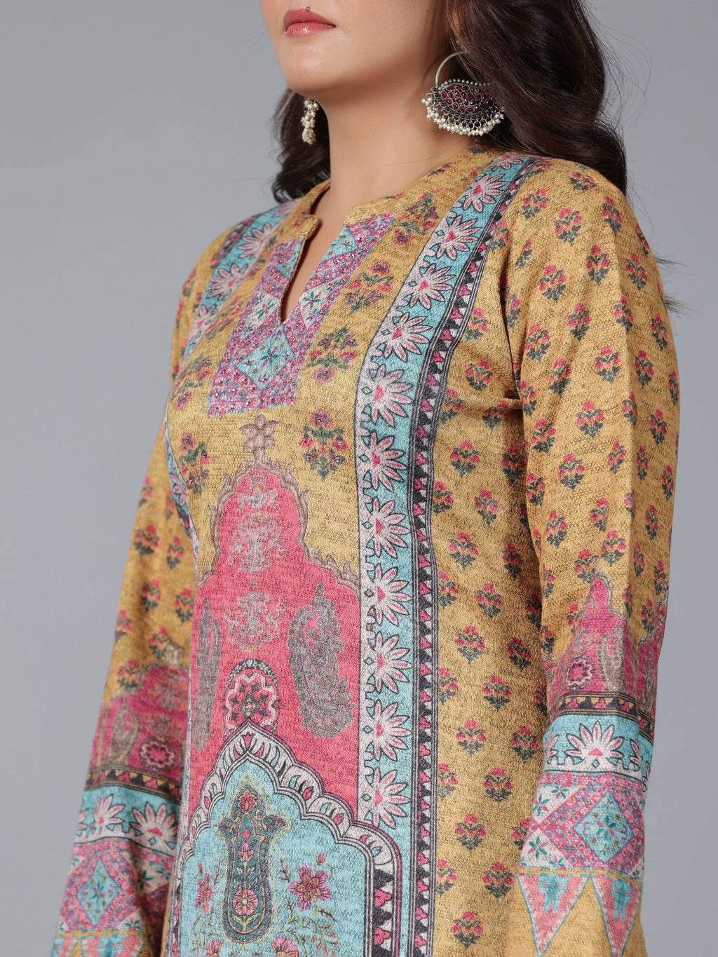 Juniper Women Mustard Printed Woolen Straight Kurta