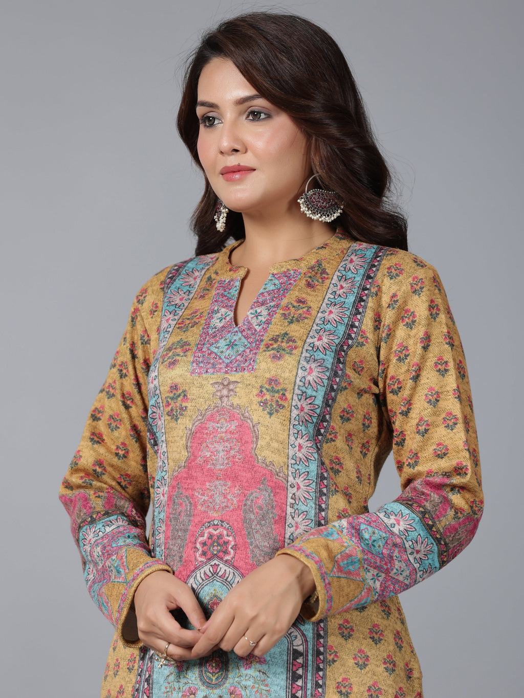 Juniper Women Mustard Printed Woolen Straight Kurta