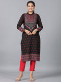 Juniper Women Black Printed Woolen Straight Kurta