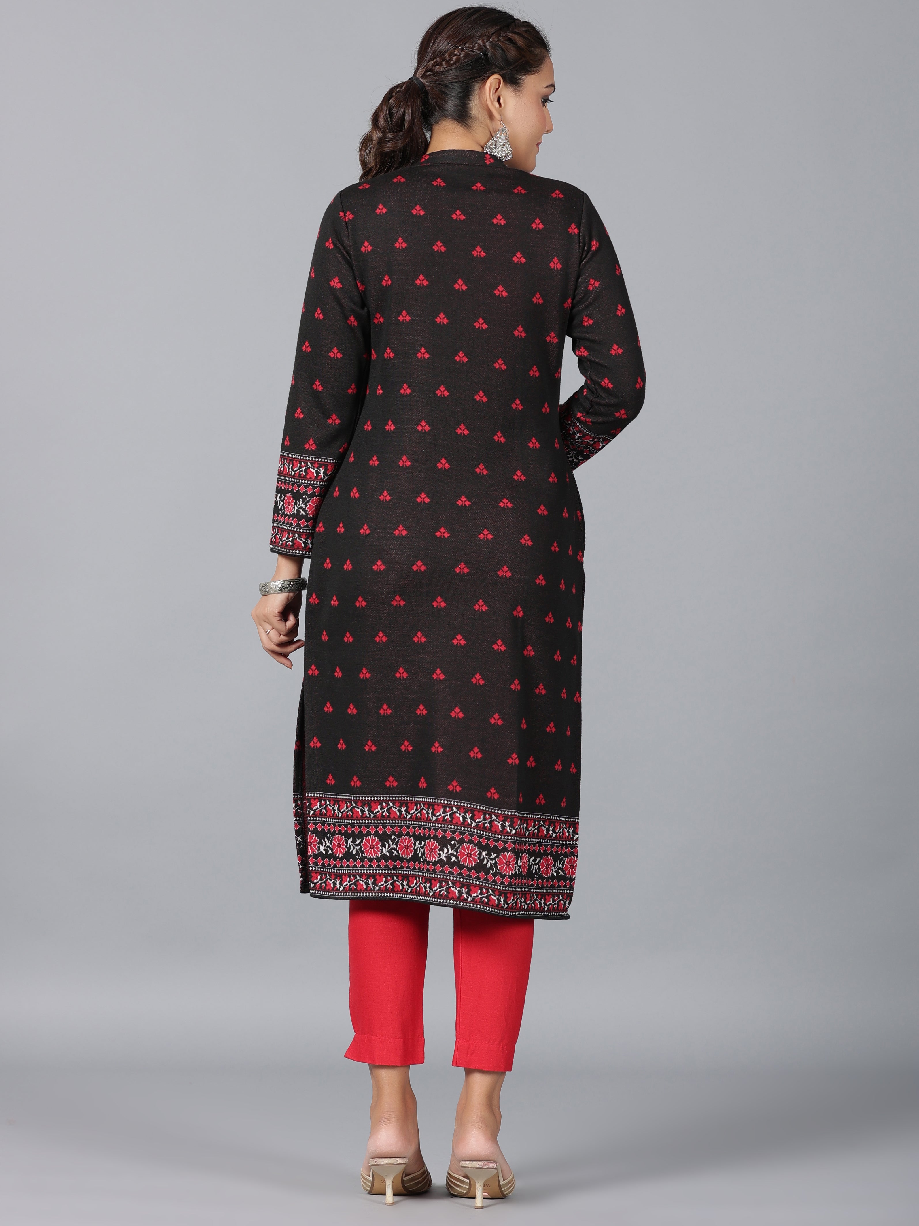 Juniper Women Black Printed Woolen Straight Kurta