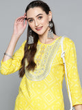 HERE&NOW Women Yellow & White Ethnic Motifs Printed Embroidered Work Kurta