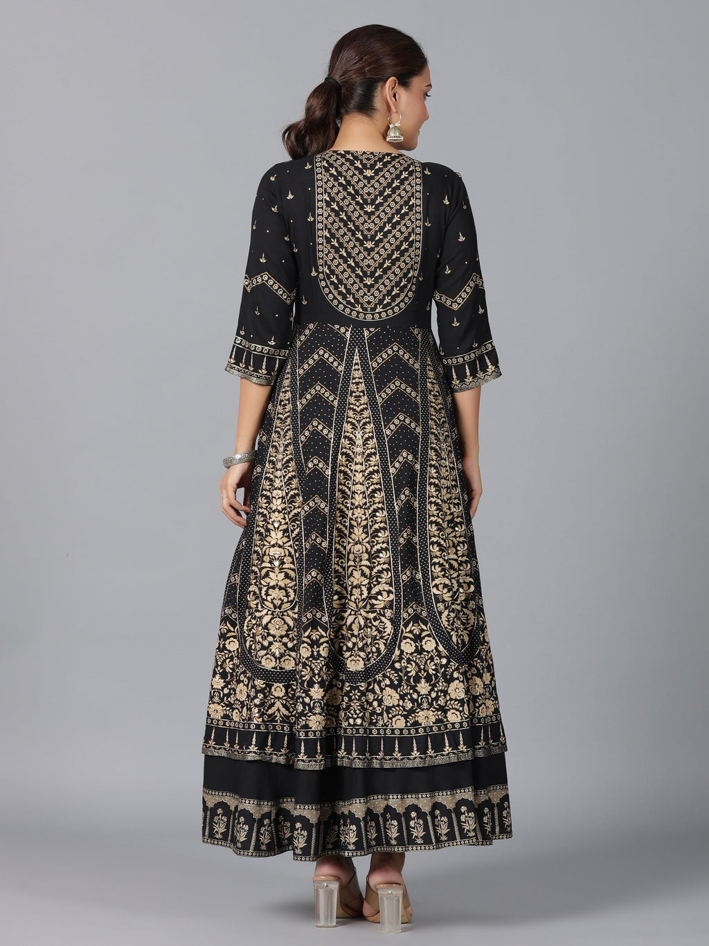 Juniper Women Black Rayon Printed Anarkali Dress