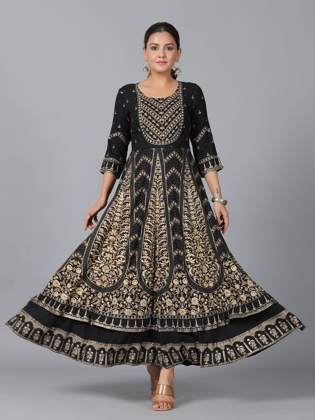 Juniper Women Black Rayon Printed Anarkali Dress
