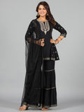 Juniper Women Black Rayon Printed Kurta, Sharara & Dupatta Set