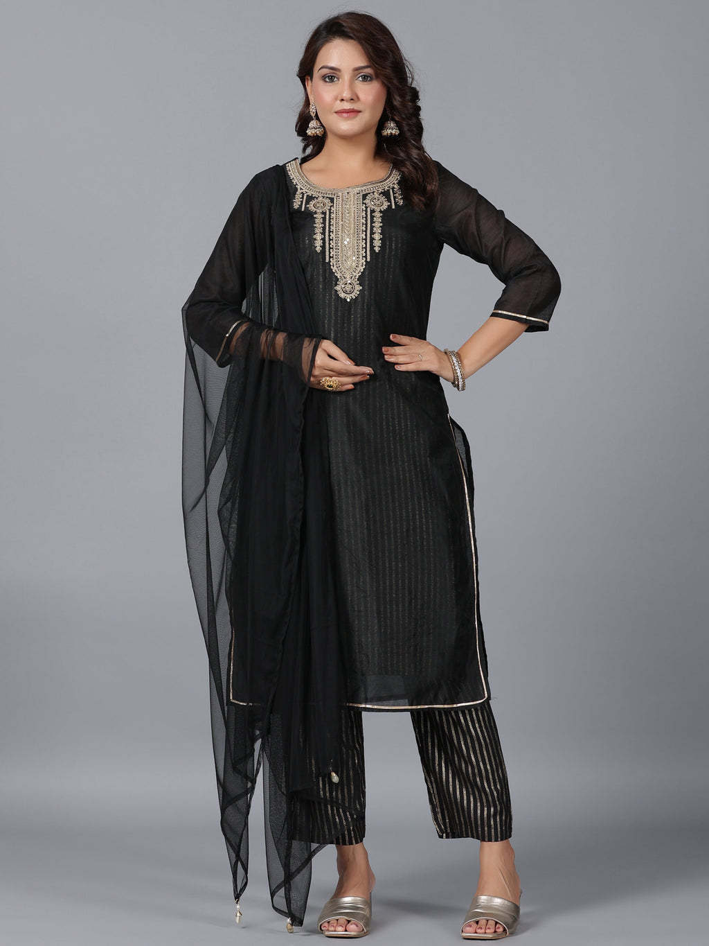 Juniper Women Black Chanderi Printed with Embroidery Kurta, Pants & Dupatta Set