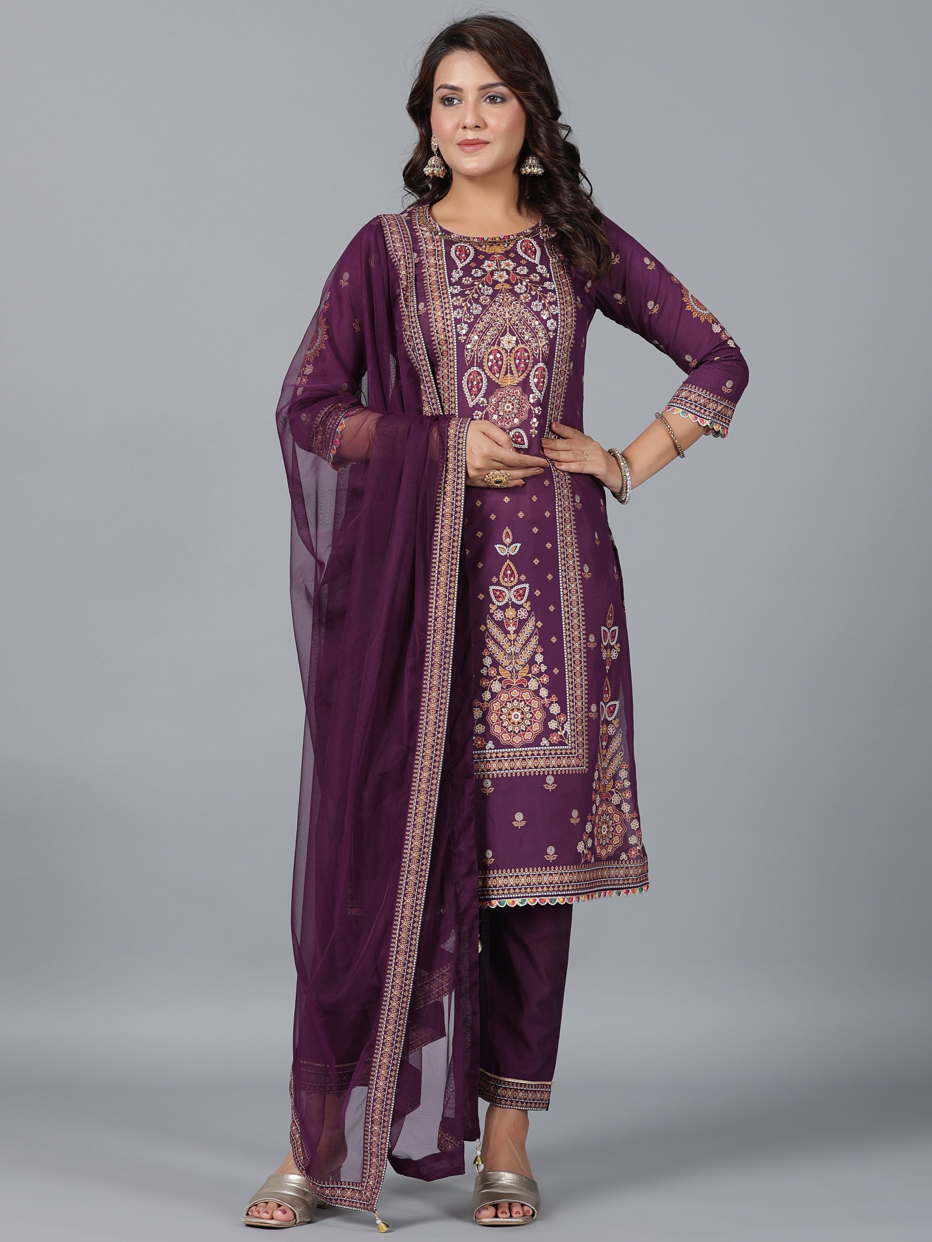 Juniper Women Purple Chanderi Printed Kurta Pants & Dupatta Set