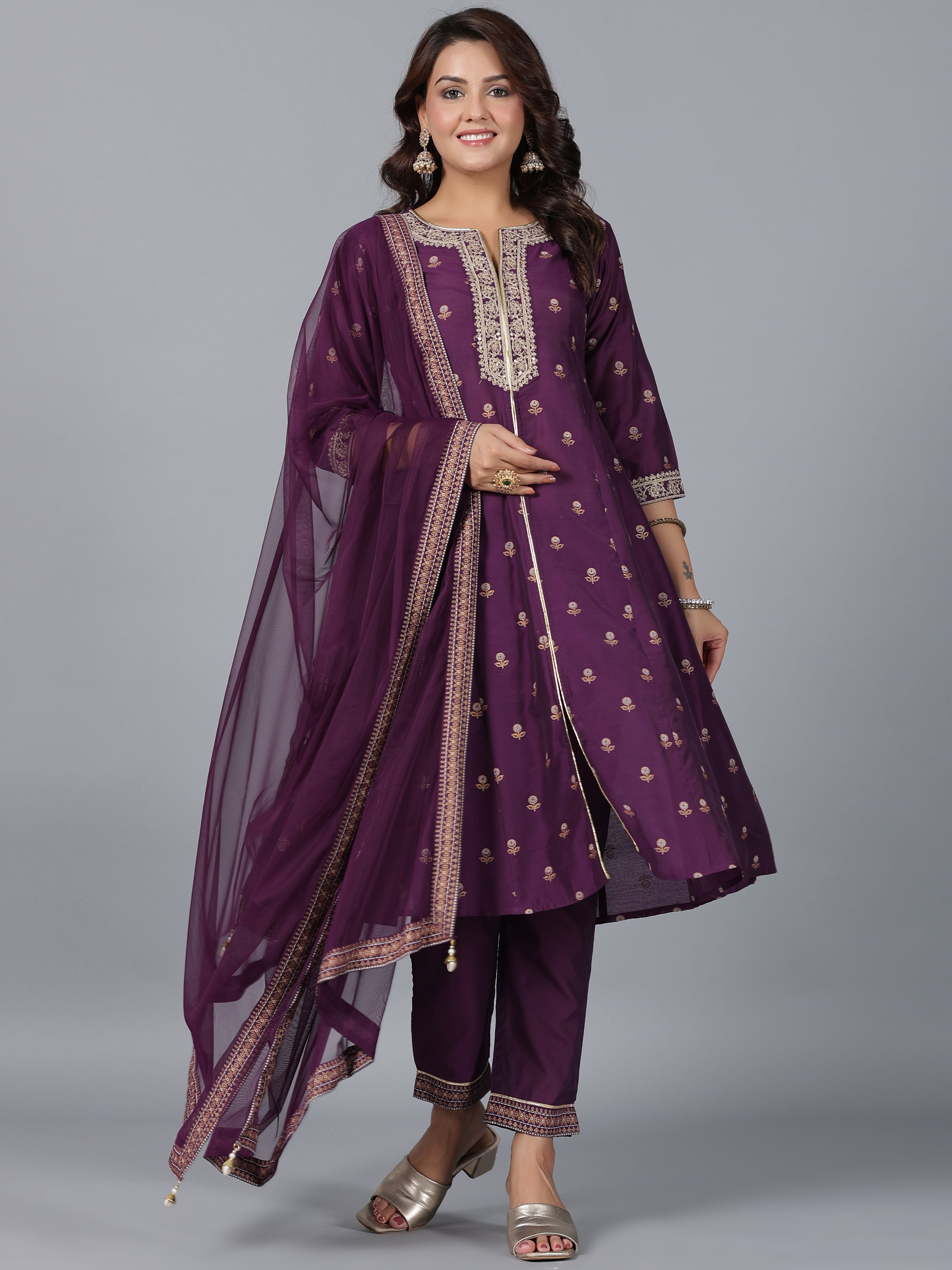 Juniper Women Purple Chanderi Printed with Embroidery Kurta, Pants & Dupatta Sets