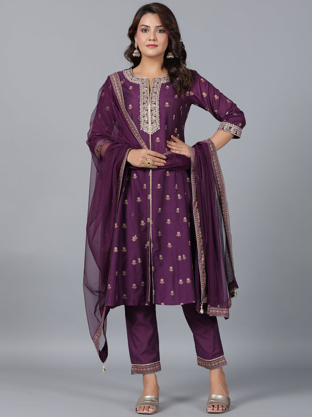 Juniper Women Purple Chanderi Printed with Embroidery Kurta, Pants & Dupatta Sets