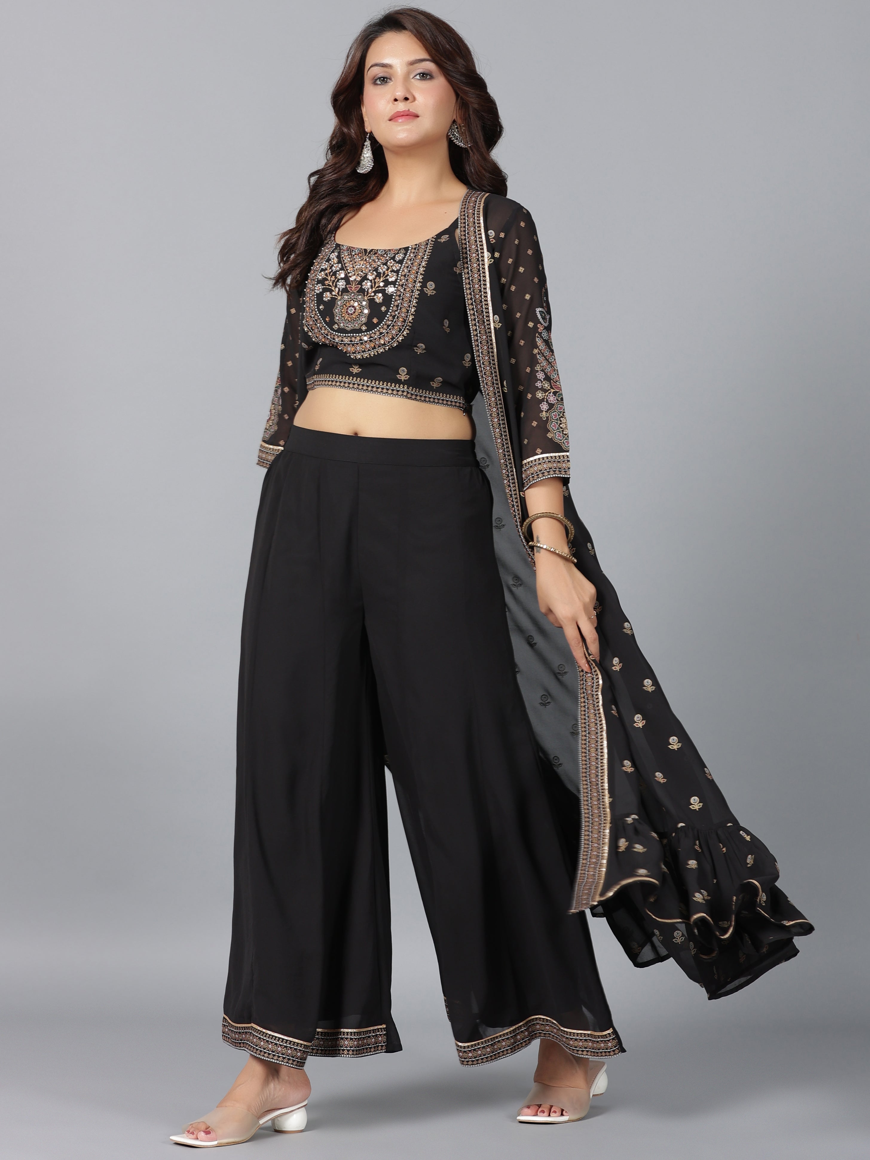 Juniper Women Black Georgette Printed Clothing Set