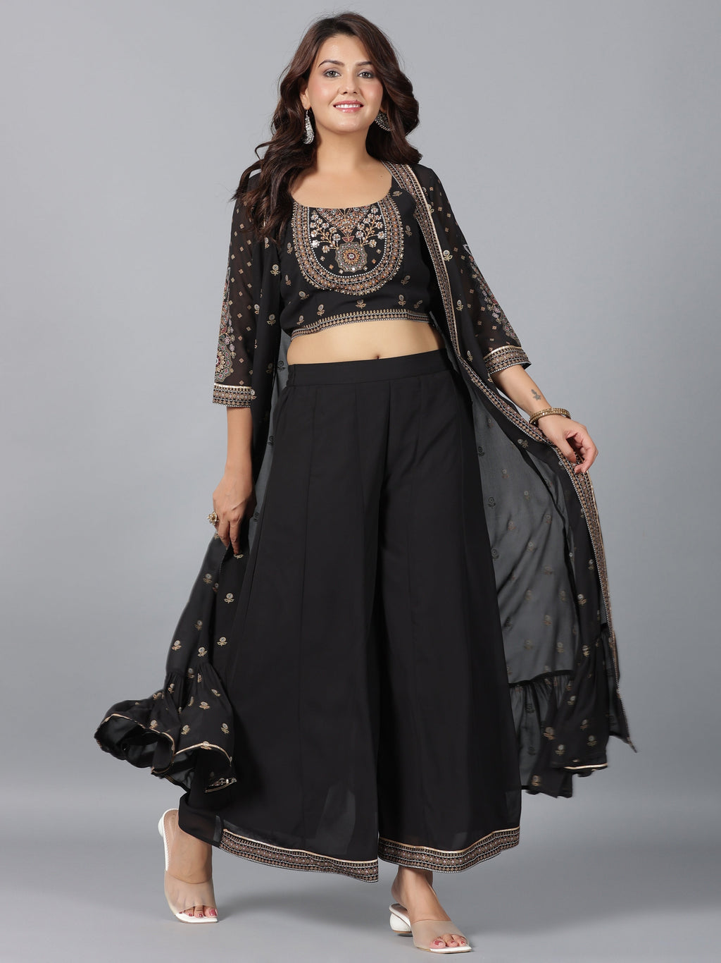 Juniper Women Black Georgette Printed Clothing Set