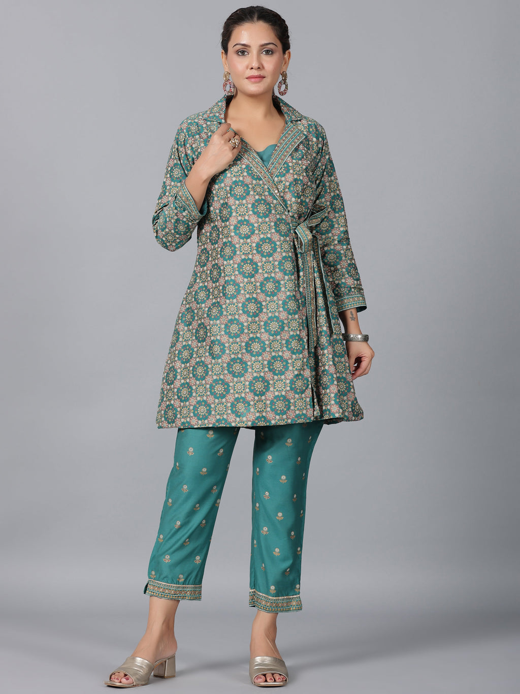 Juniper Women Teal Chanderi Printed Clothing Set