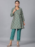Juniper Women Teal Chanderi Printed Clothing Set