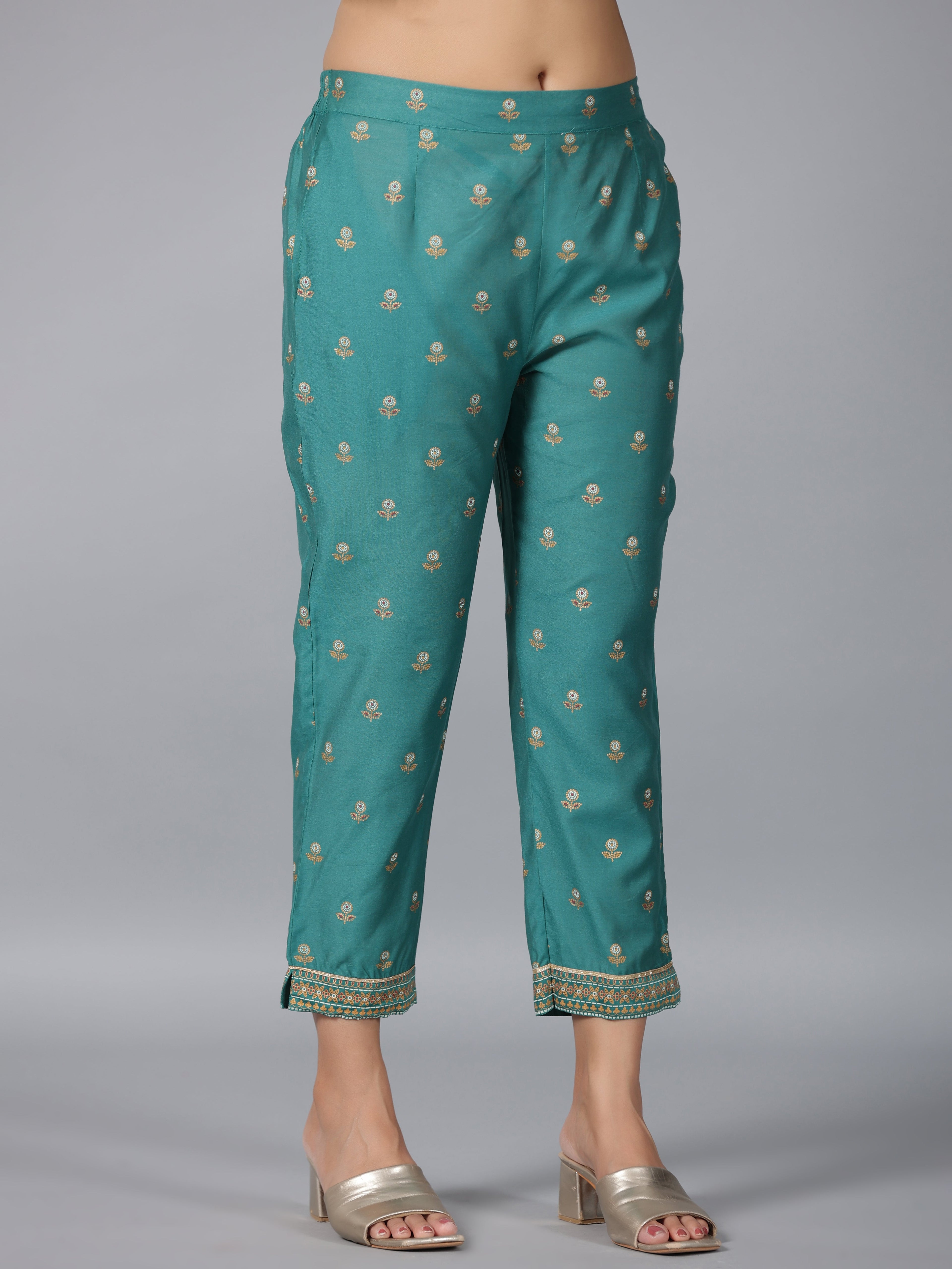 Juniper Women Teal Chanderi Printed Clothing Set