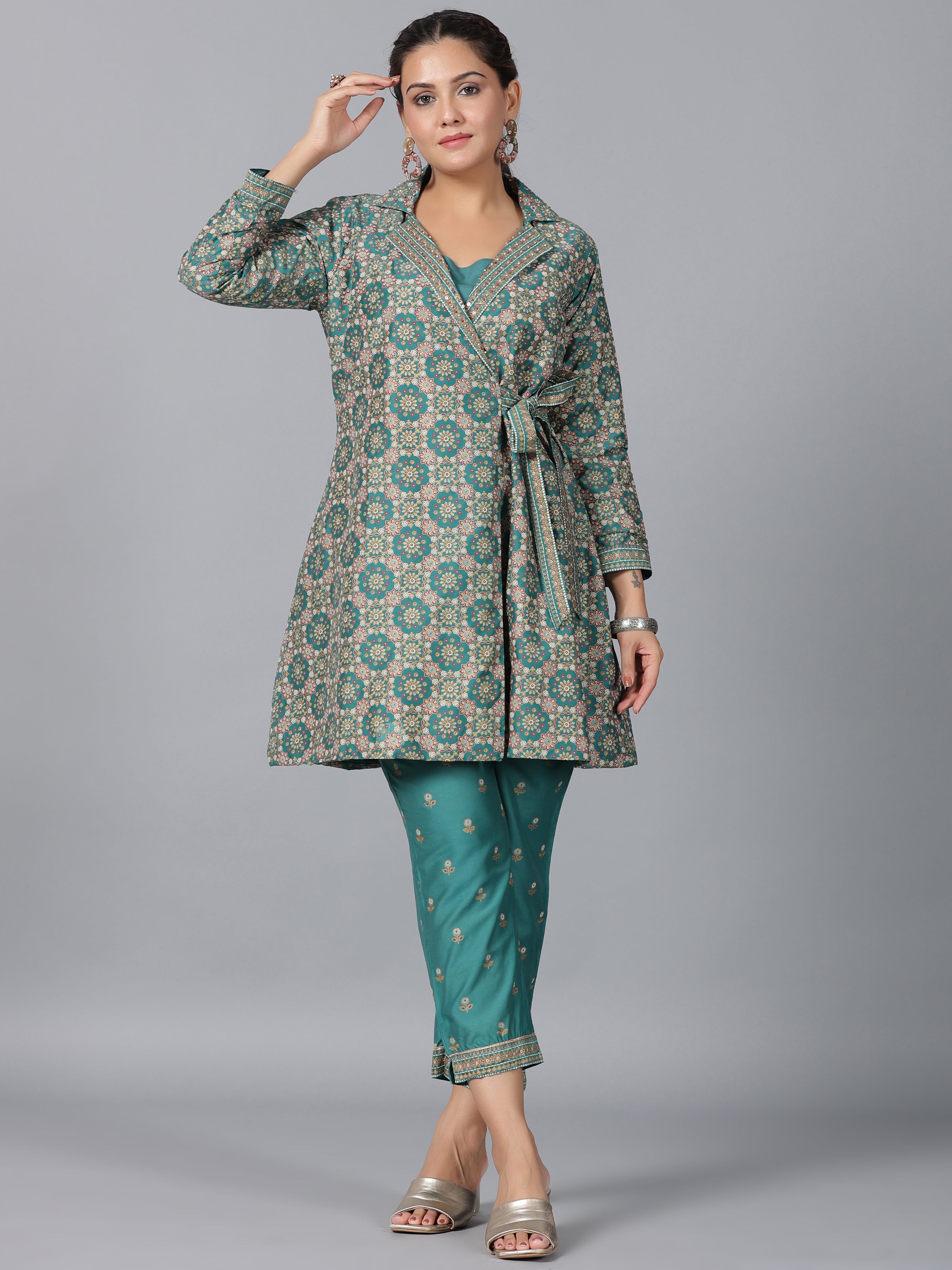Juniper Women Teal Chanderi Printed Clothing Set
