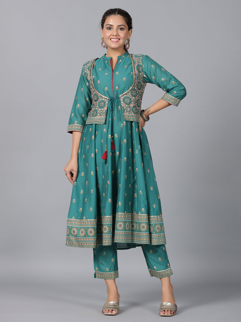Juniper Women Teal Chanderi Printed Kurta& Pants Set