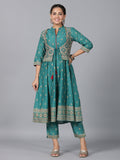 Juniper Women Teal Chanderi Printed Kurta& Pants Set