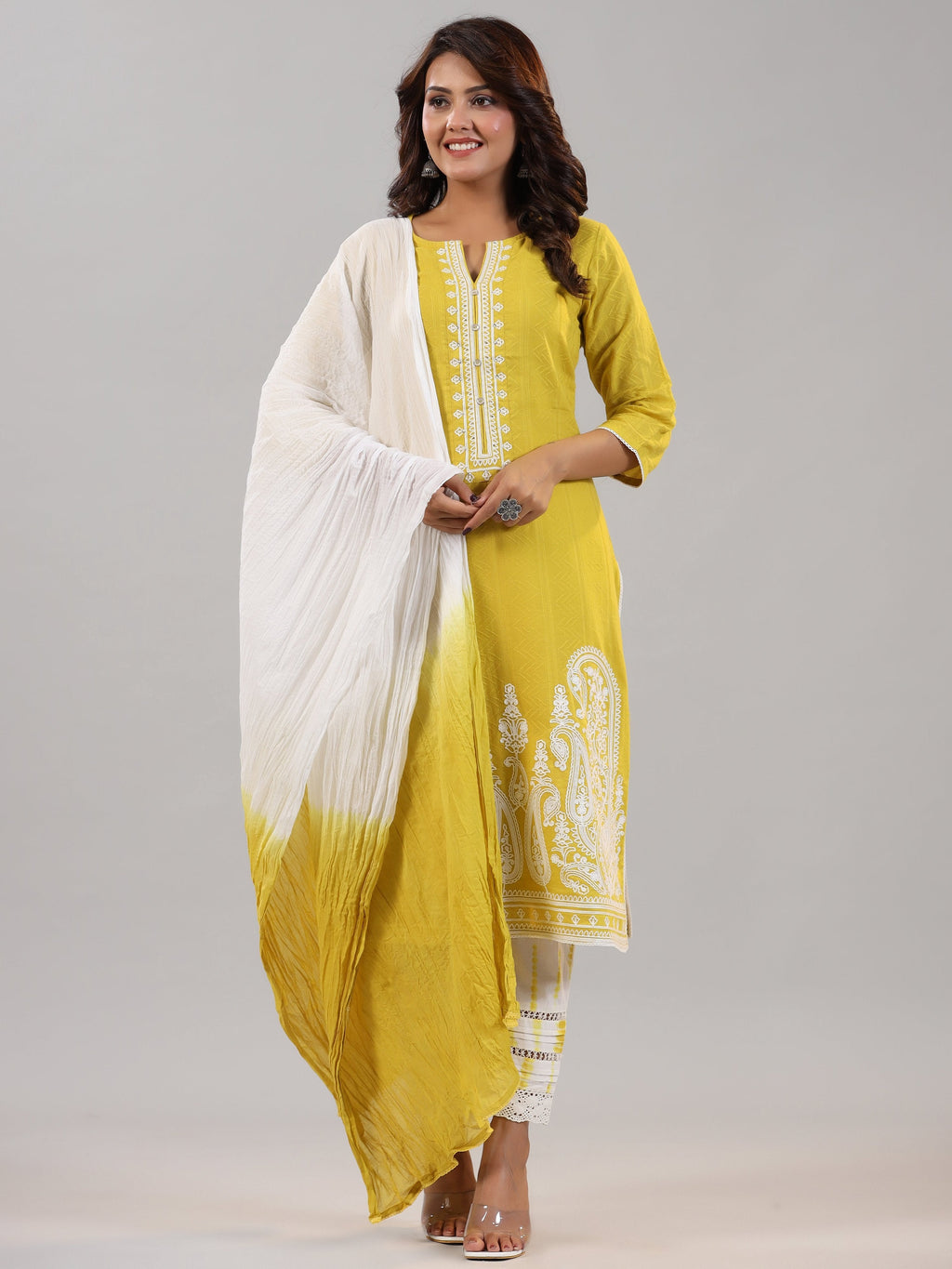 Juniper Women Lime Cotton Dobby Embroidered Kurta, Pants & Dupatta Set