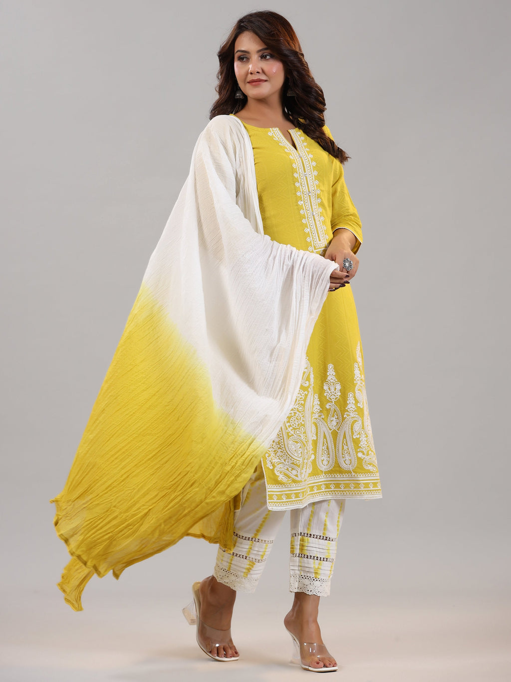 Juniper Women Lime Cotton Dobby Embroidered Kurta, Pants & Dupatta Set