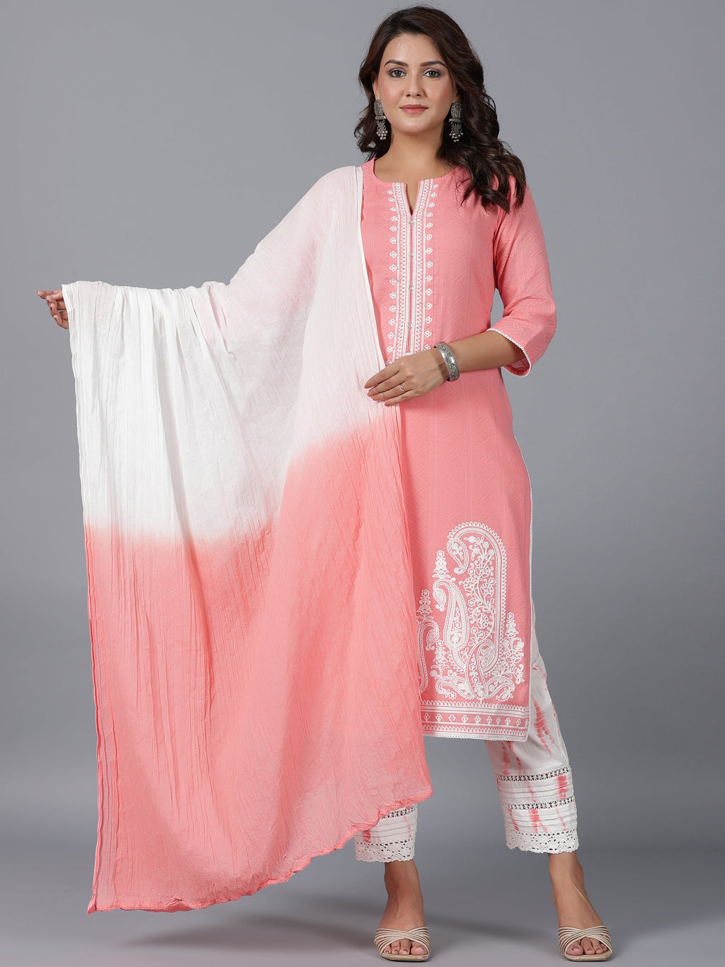 Juniper Women Peach Cotton Dobby Embroidered Kurta, Pants & Dupatta Set