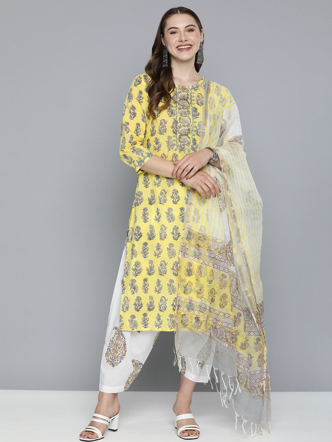 HERE&NOW Motifs Printed Regular Pure Cotton Kurta with Salwar & With Dupatta