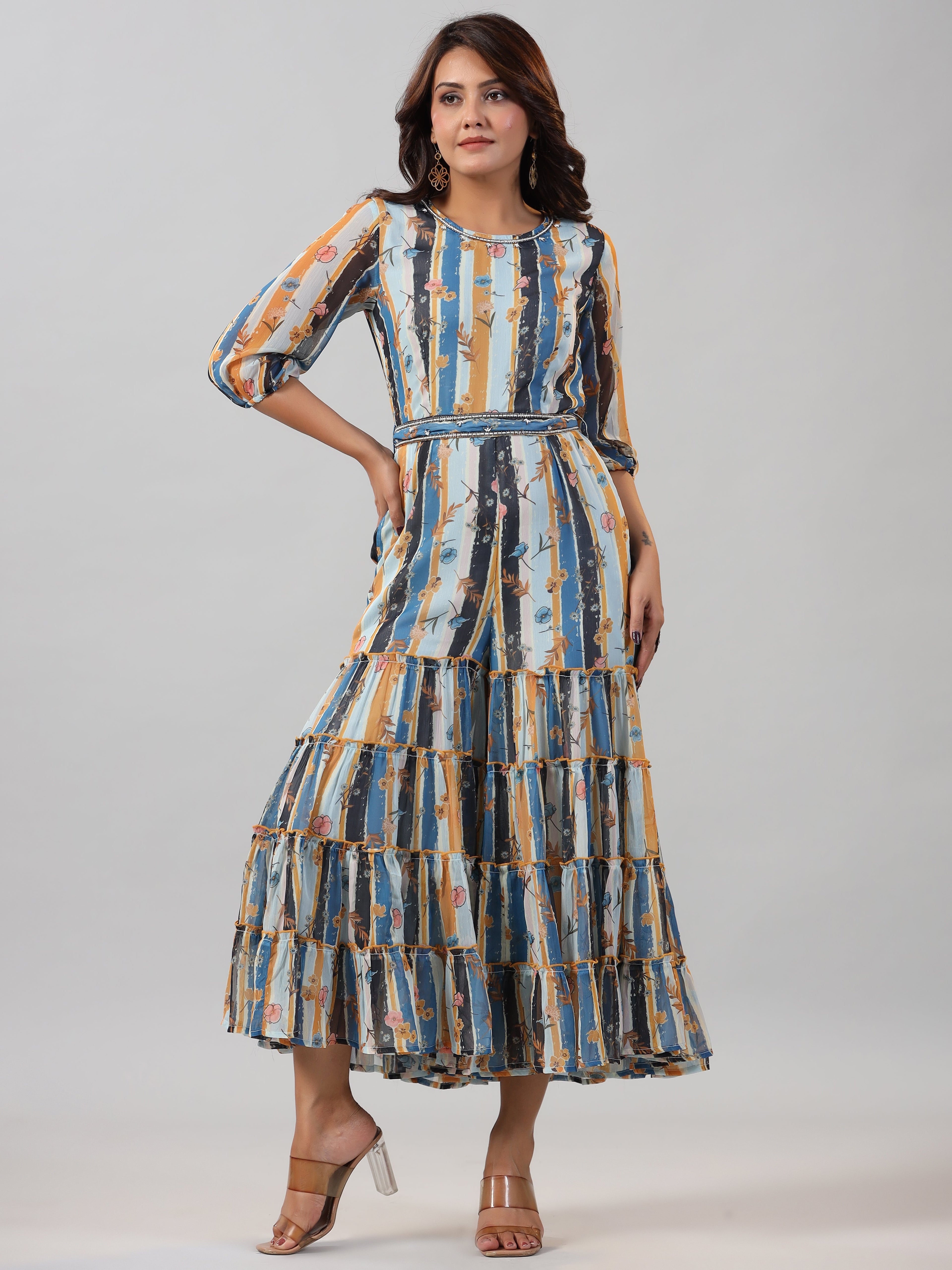 Juniper Women Skyblue Chiffon Printed Jumpsuit