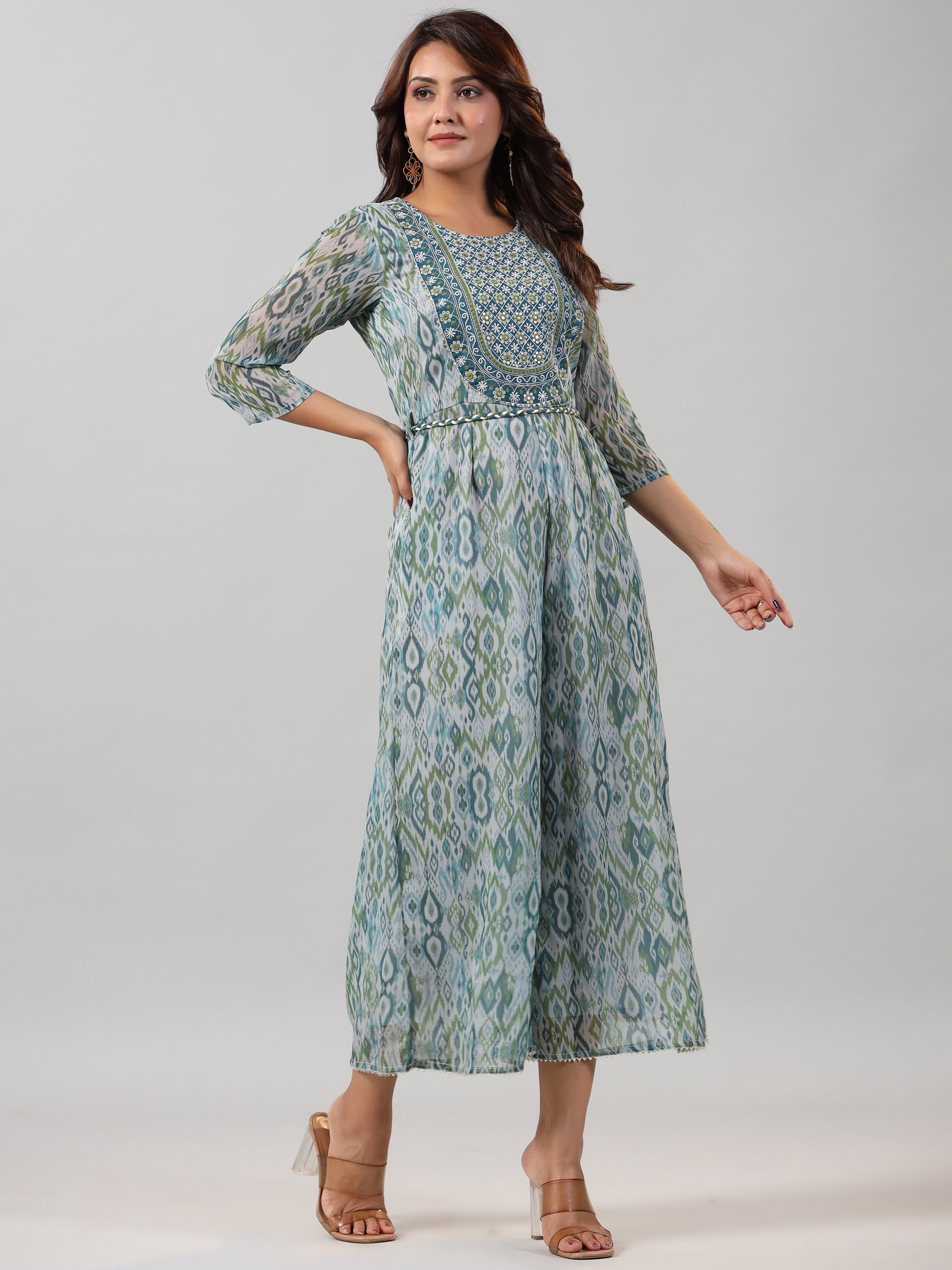 Juniper Women Green Chiffon Printed with Embroidery Jumpsuit
