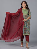 Juniper Women Green Chiffon Printed with Embroidery Kurta, Pants & Dupatta Set