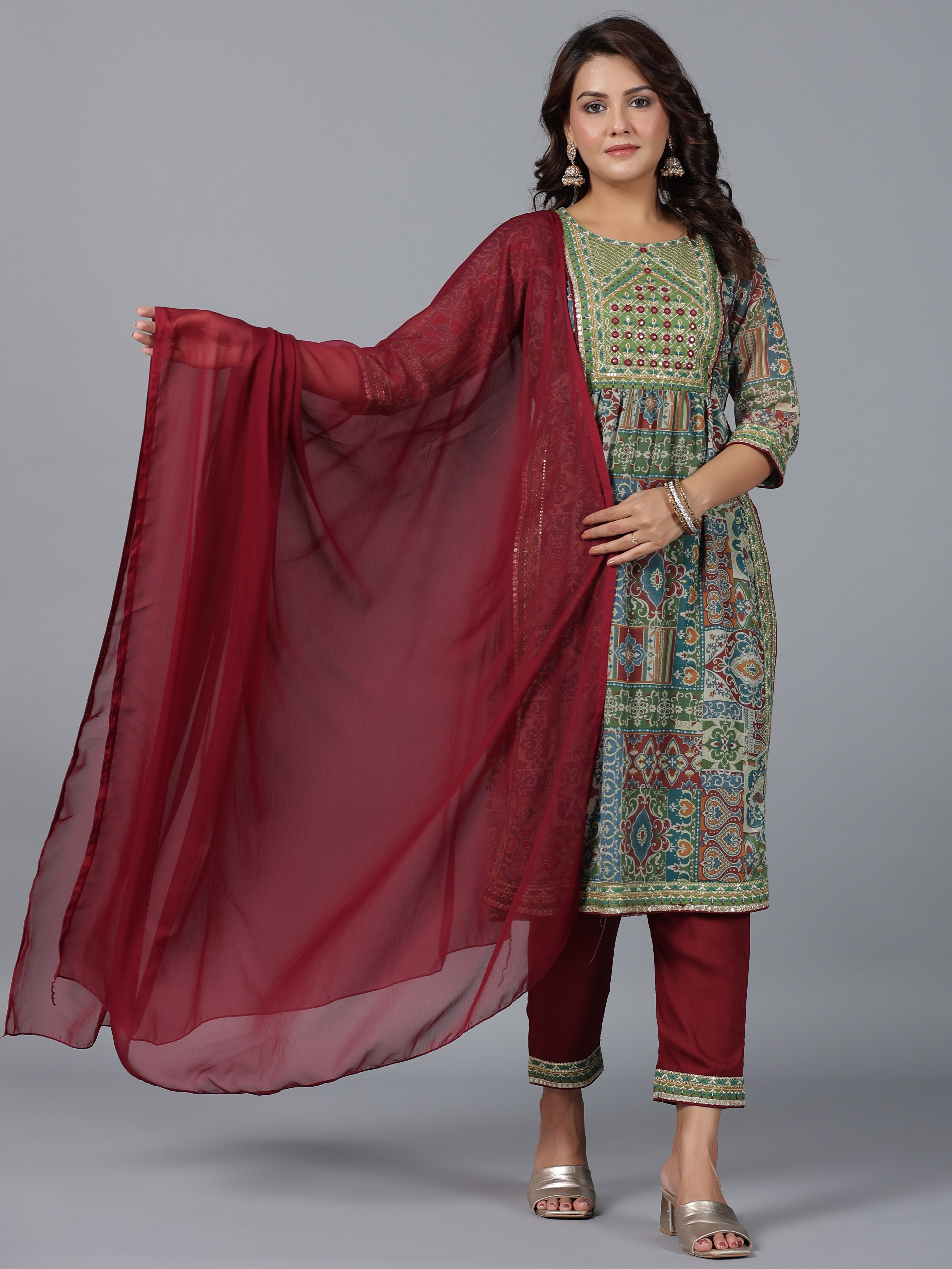 Juniper Women Green Chiffon Printed with Embroidery Kurta, Pants & Dupatta Set