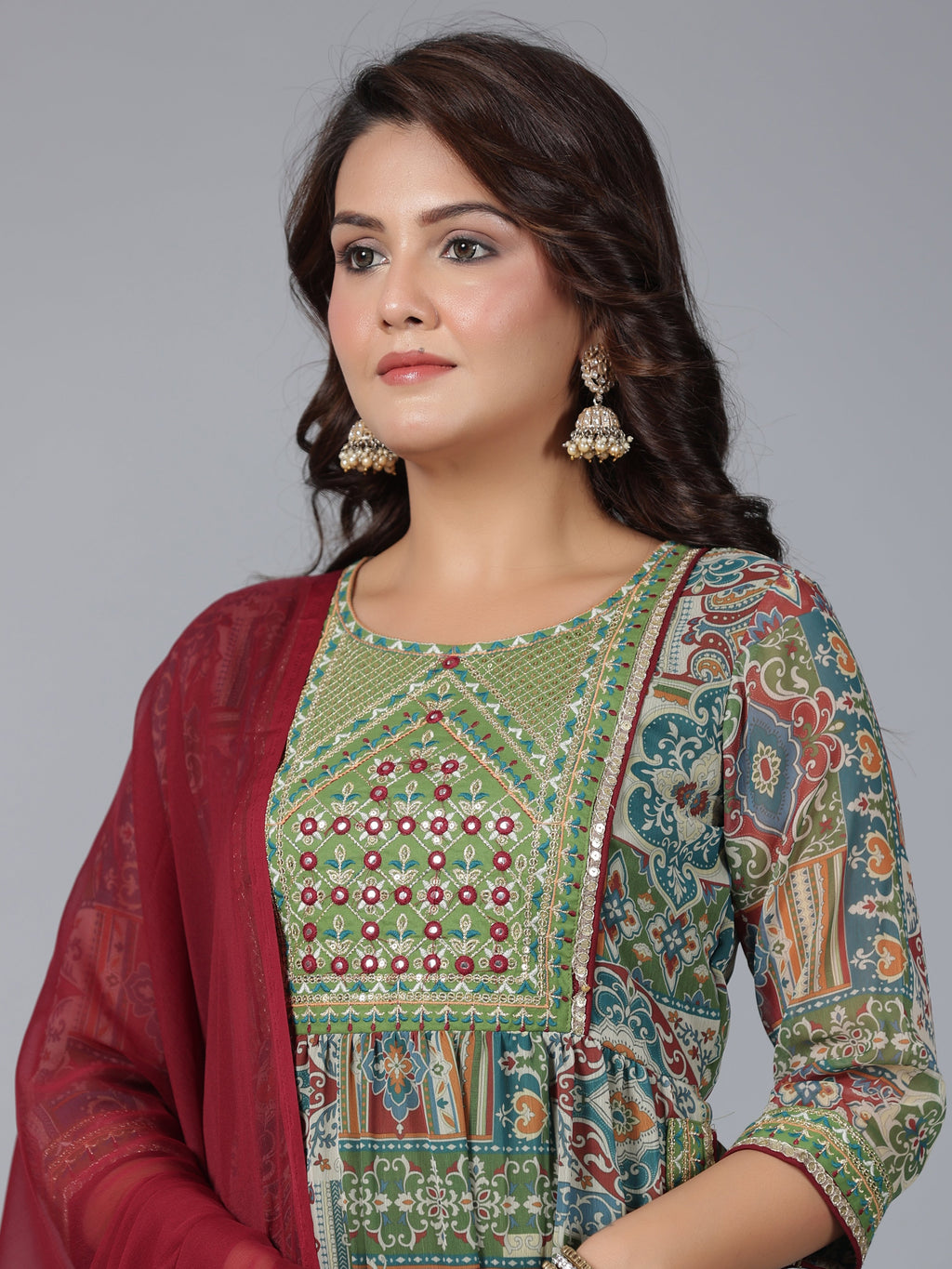 Juniper Women Green Chiffon Printed with Embroidery Kurta, Pants & Dupatta Set