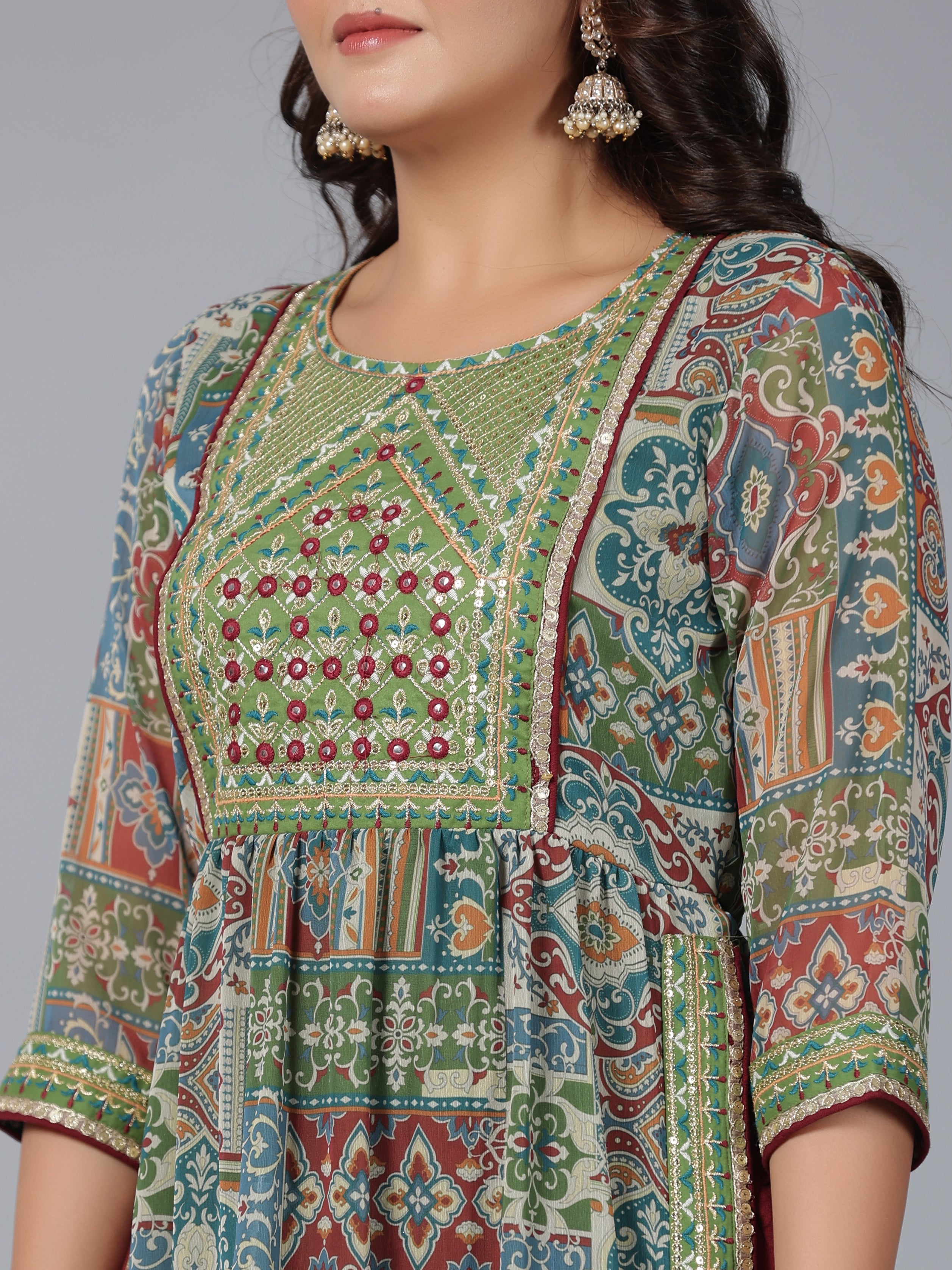 Juniper Women Green Chiffon Printed with Embroidery Kurta, Pants & Dupatta Set