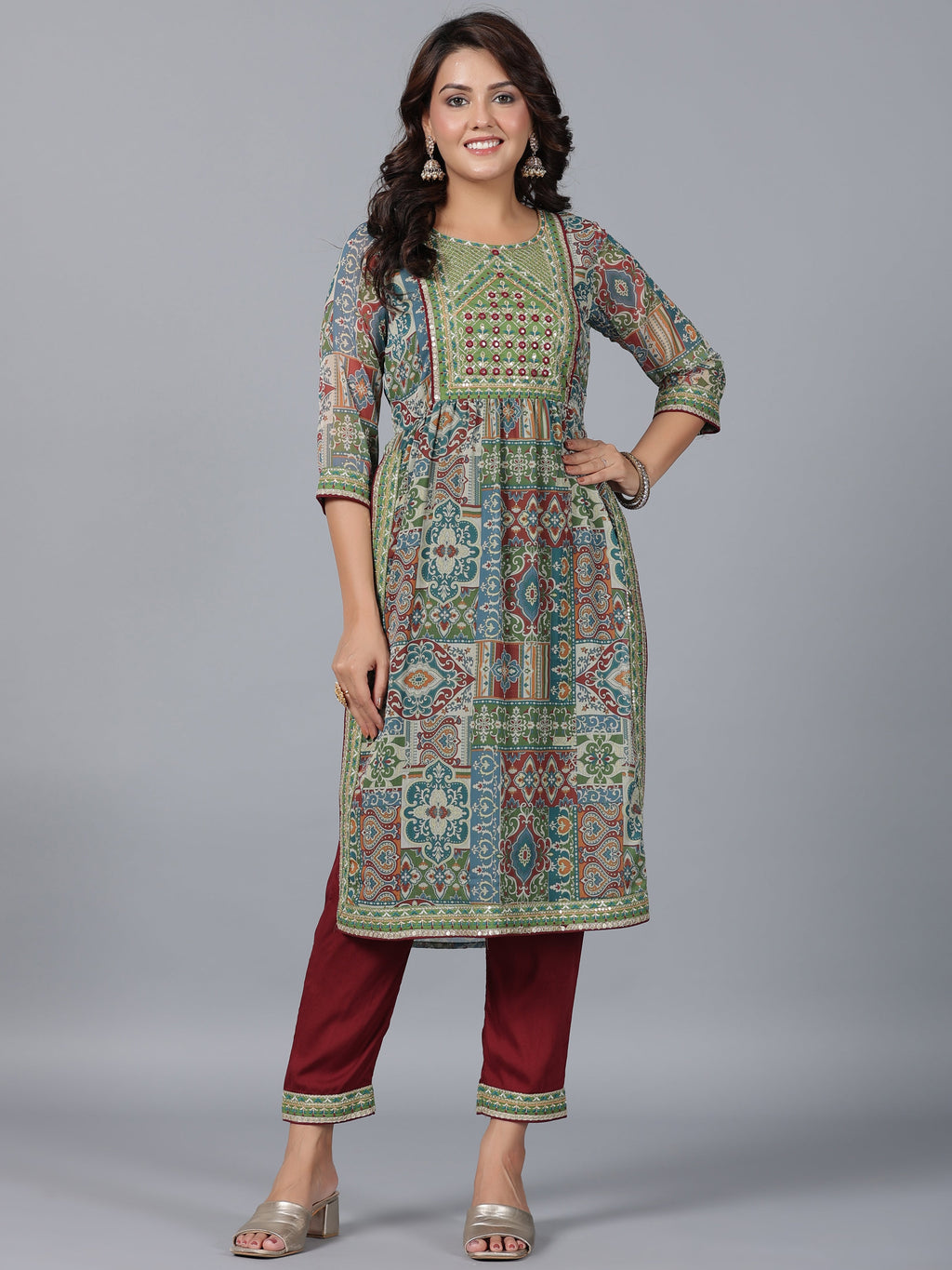 Juniper Women Green Chiffon Printed with Embroidery Kurta, Pants & Dupatta Set