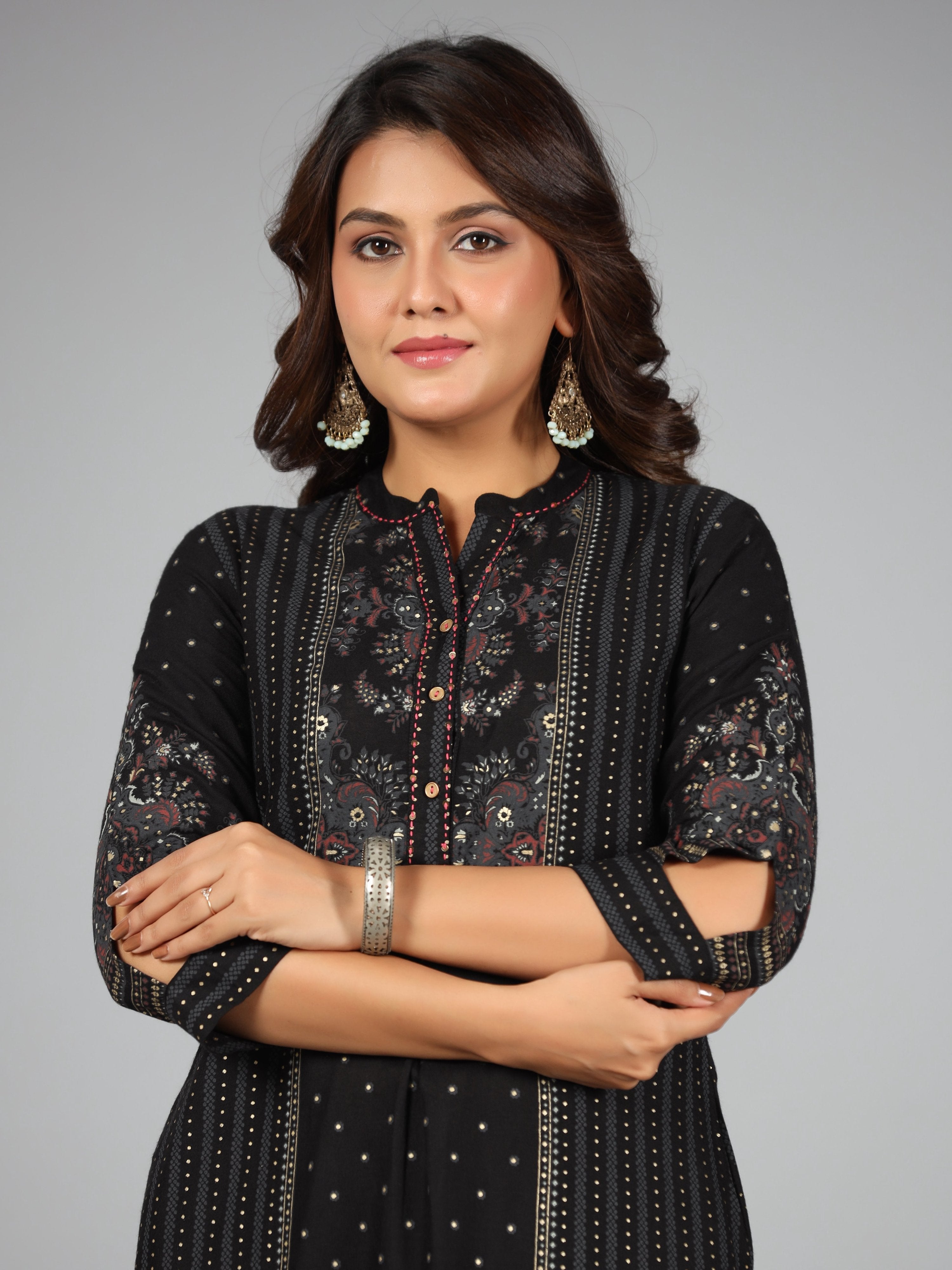 Juniper Women Black Rayon Printed Kurta Pants Set