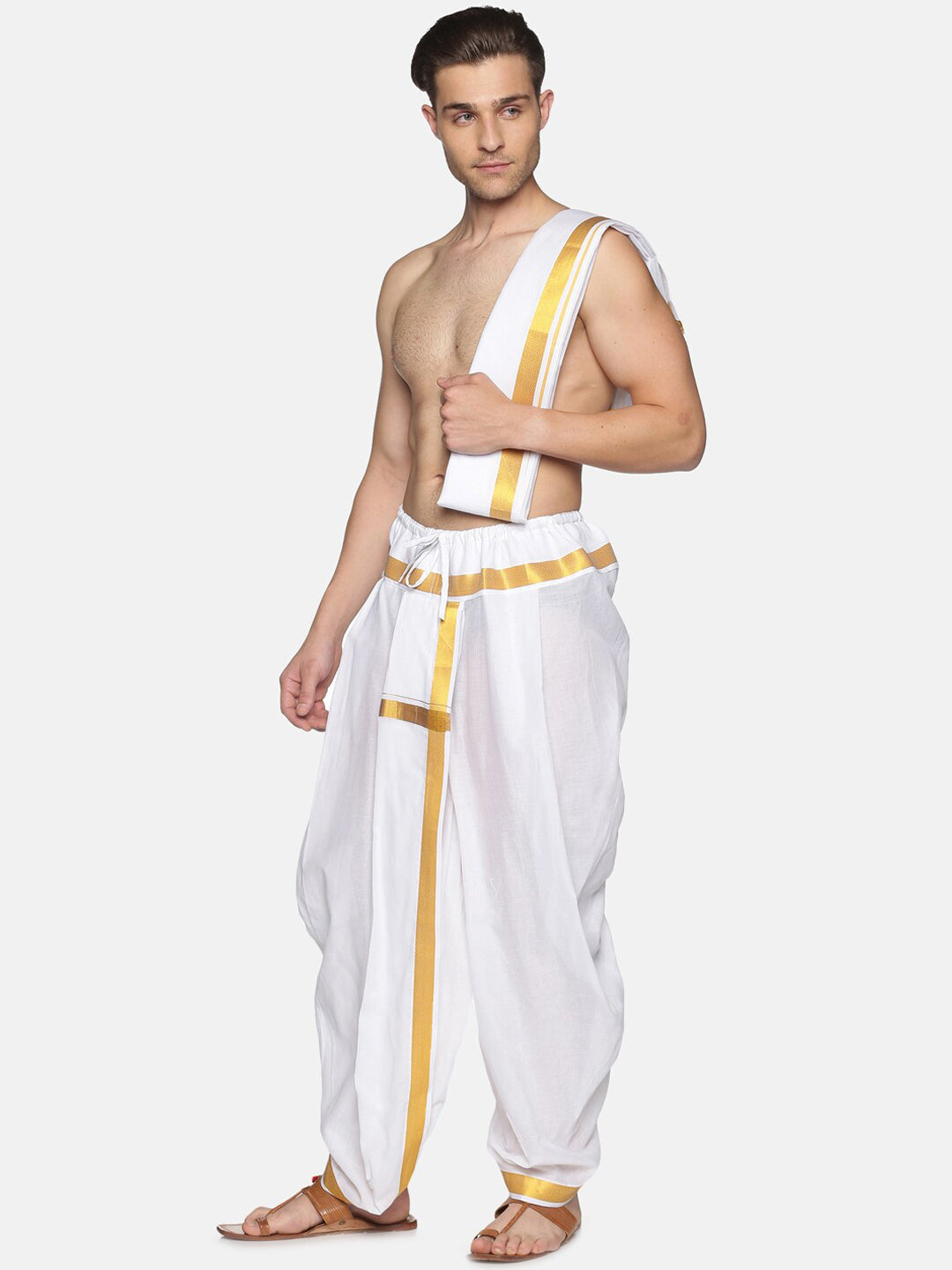 Sethukrishna Men White & Gold-Toned Solid Ready Made Dhoti Pants