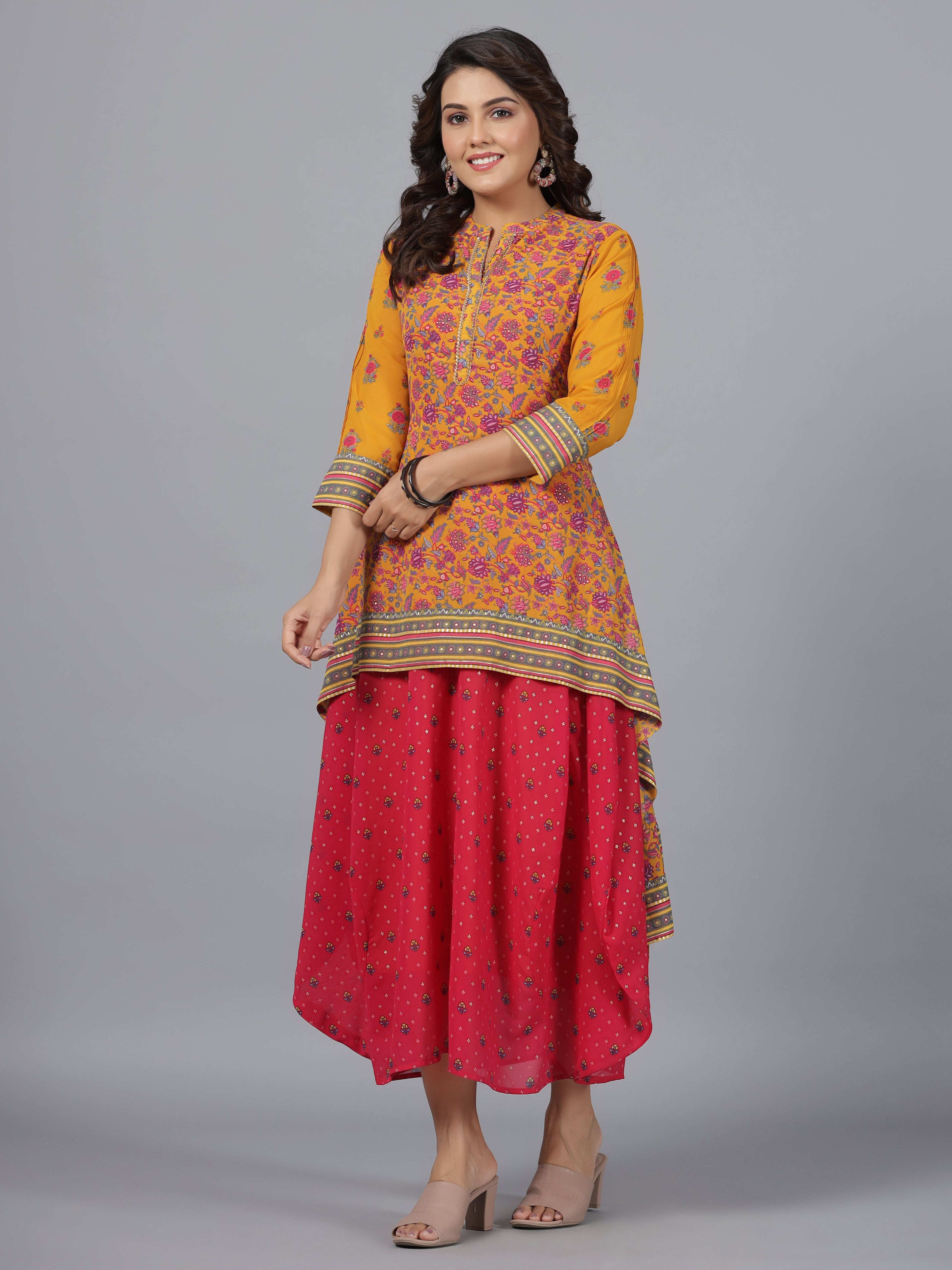 Juniper Women Mustard Georgette Printed Draped Maxi Dress