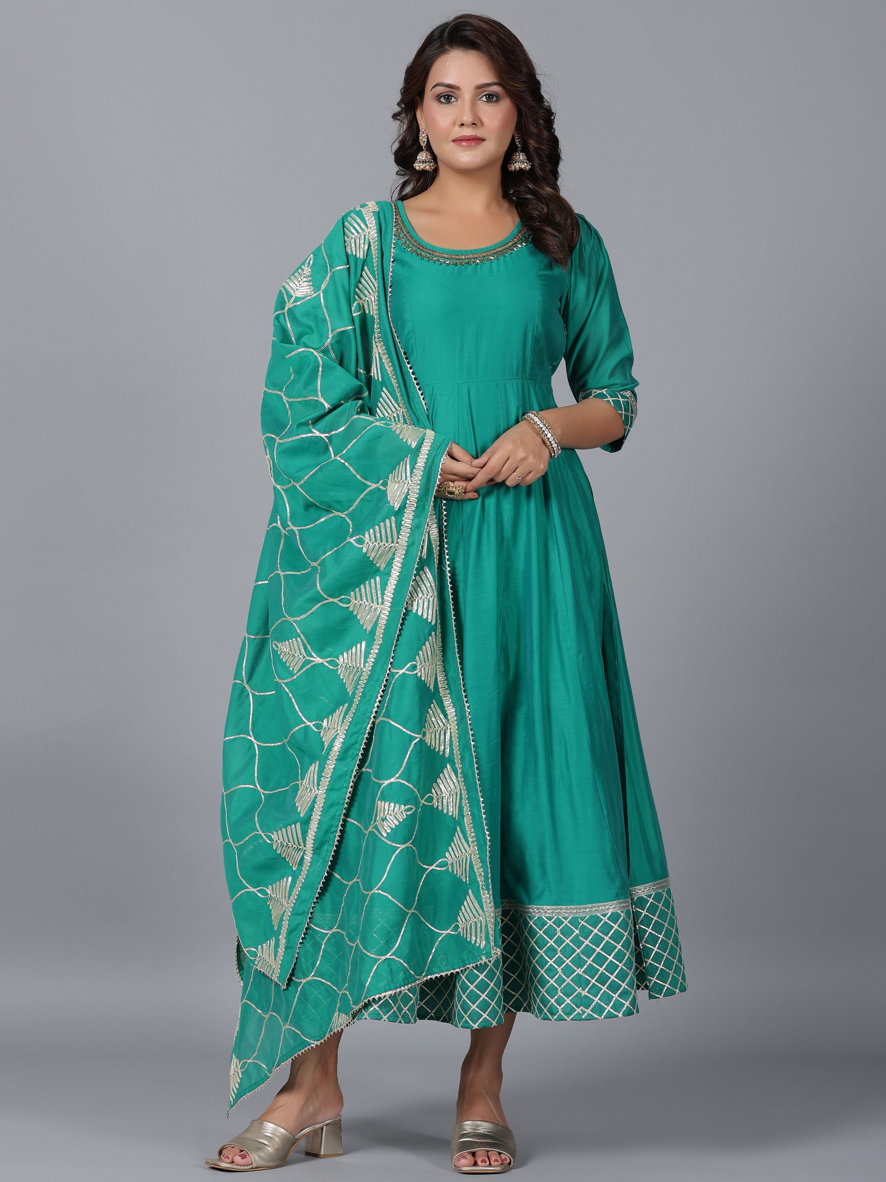 Juniper Women's Green Chanderi Anarkali Gota Patti Kurta & Dupatta Set