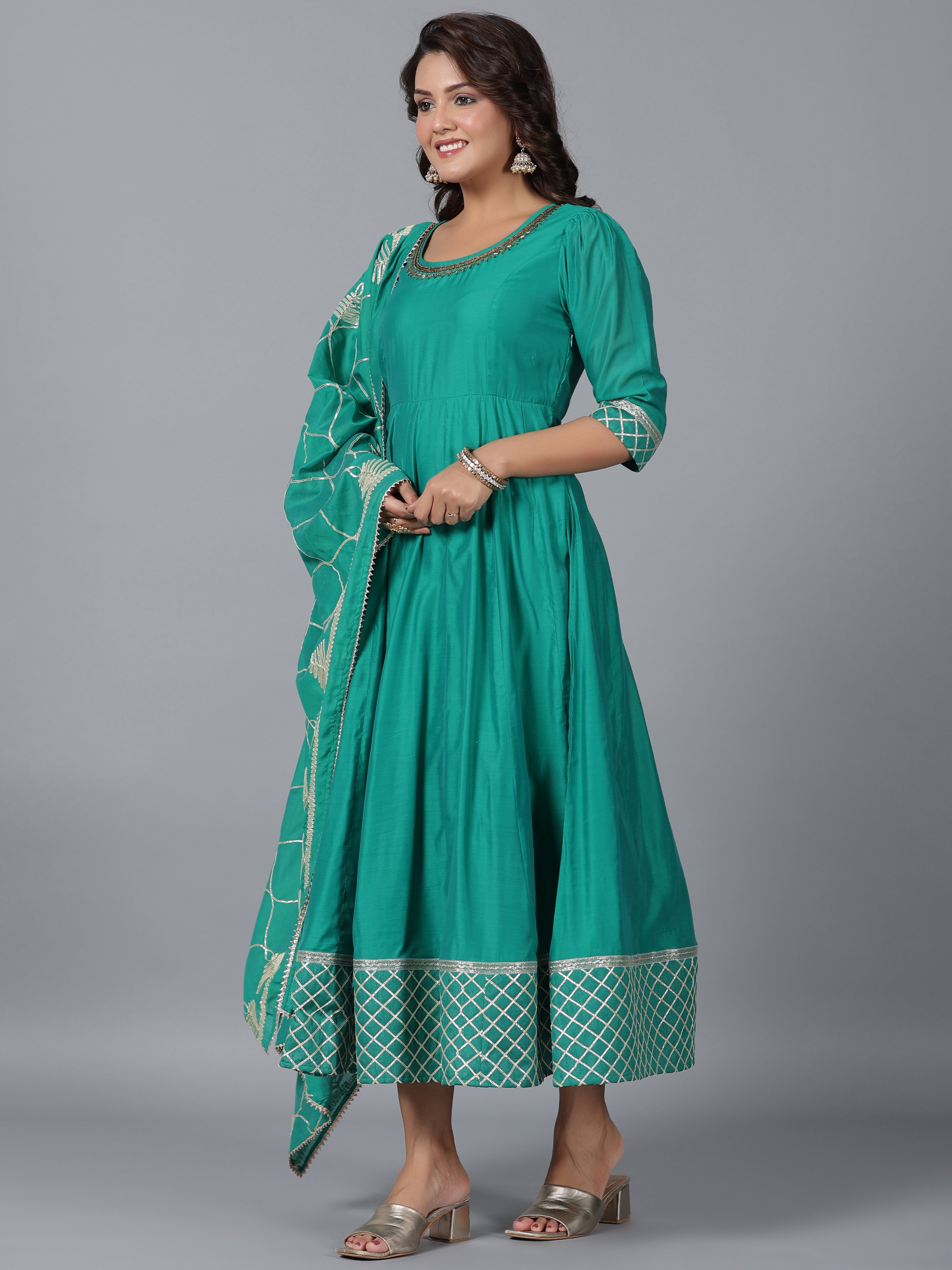 Juniper Women's Green Chanderi Anarkali Gota Patti Kurta & Dupatta Set
