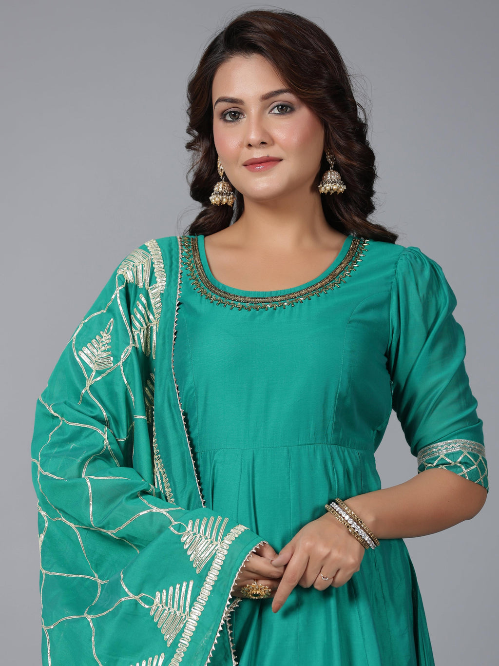 Juniper Women's Green Chanderi Anarkali Gota Patti Kurta & Dupatta Set