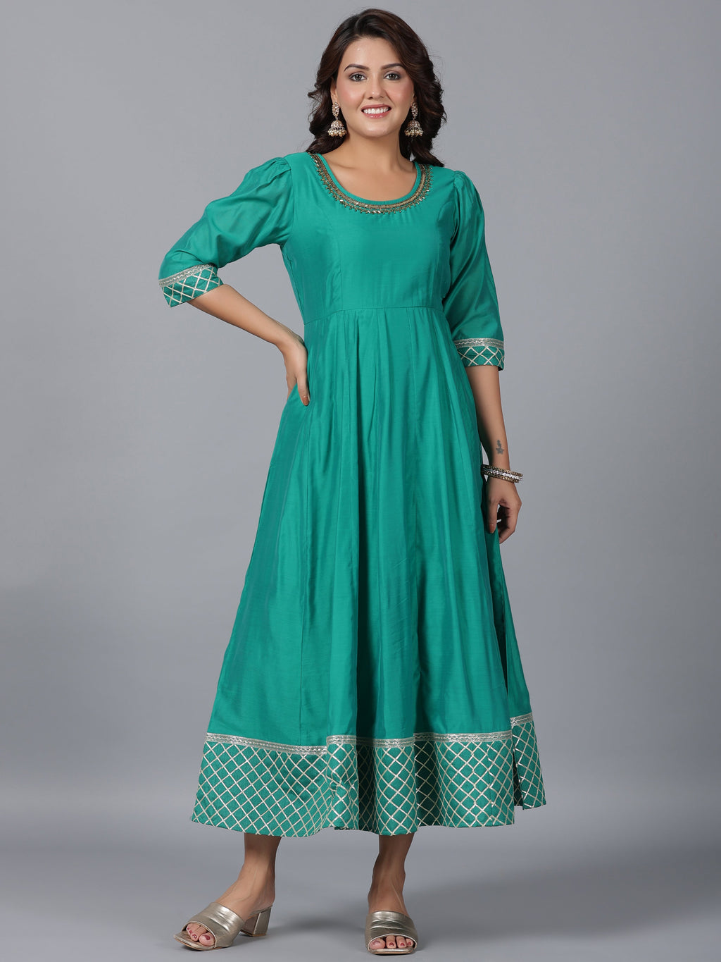 Juniper Women's Green Chanderi Anarkali Gota Patti Kurta & Dupatta Set