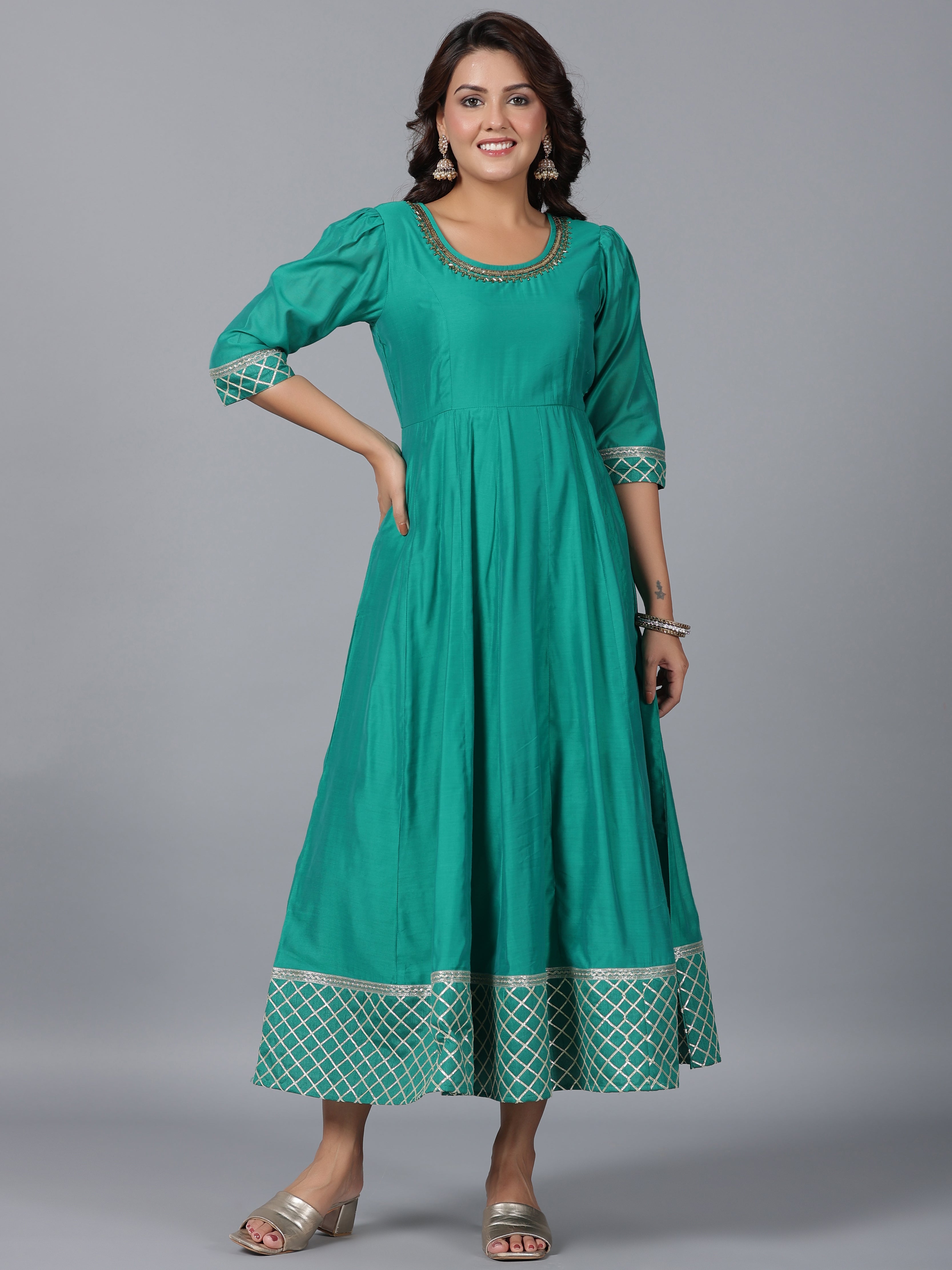Juniper Women's Green Chanderi Anarkali Gota Patti Kurta & Dupatta Set