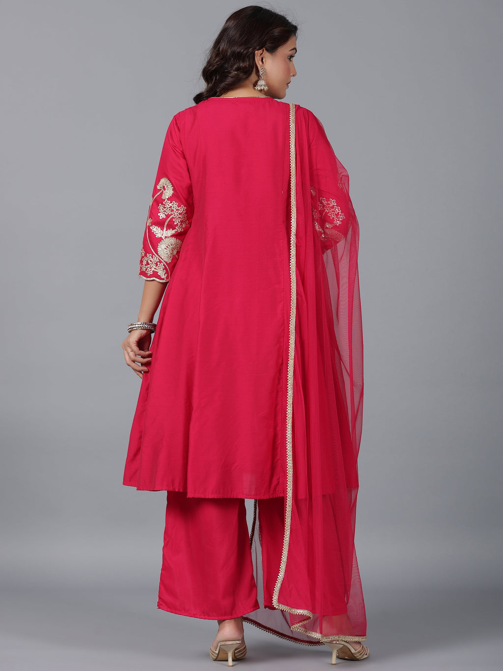 Juniper Women Fuchsia Chanderi Gota Patti Kurta, Palazzo & Dupatta Set