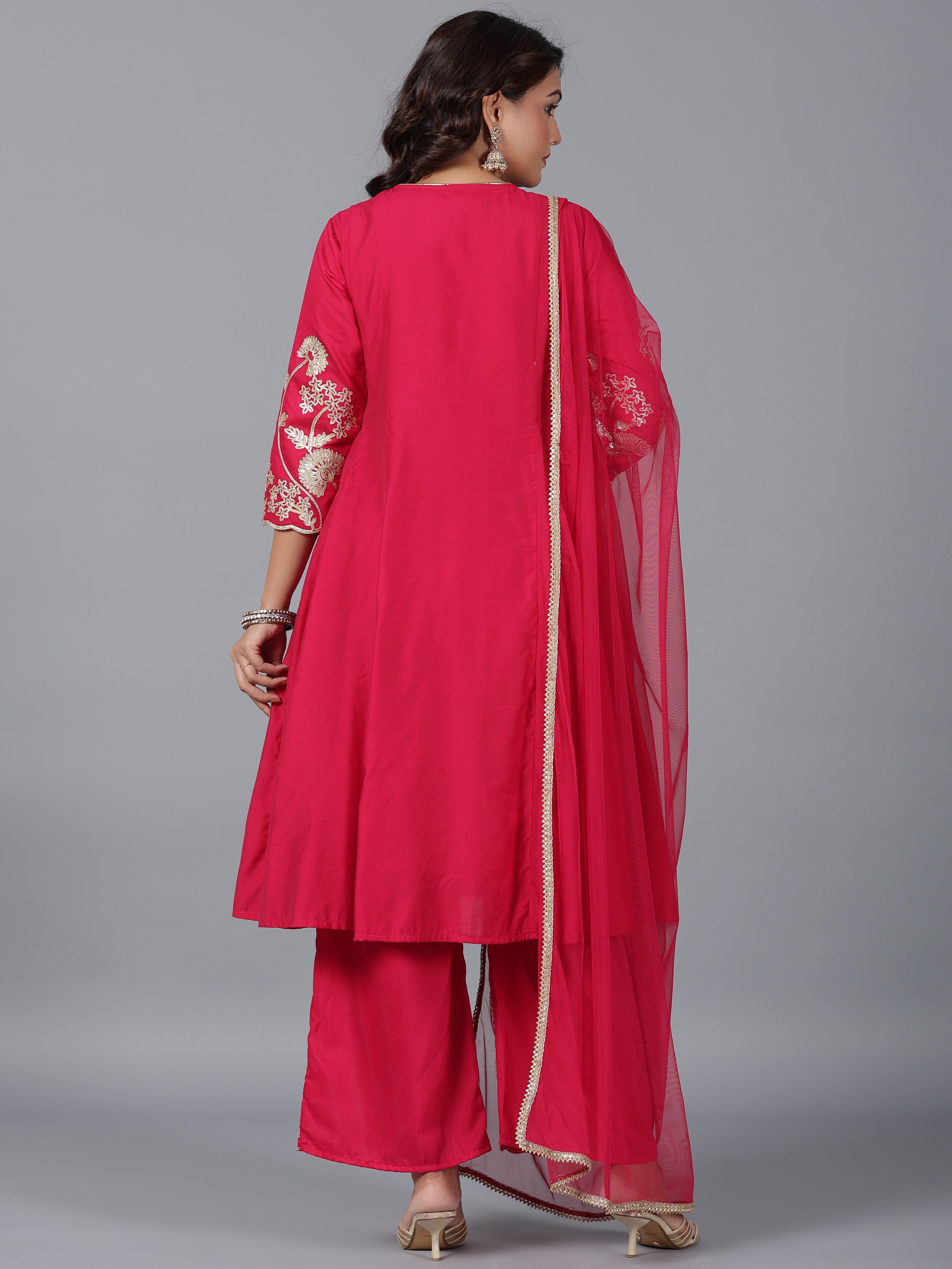 Juniper Women Fuchsia Chanderi Gota Patti Kurta, Palazzo & Dupatta Set